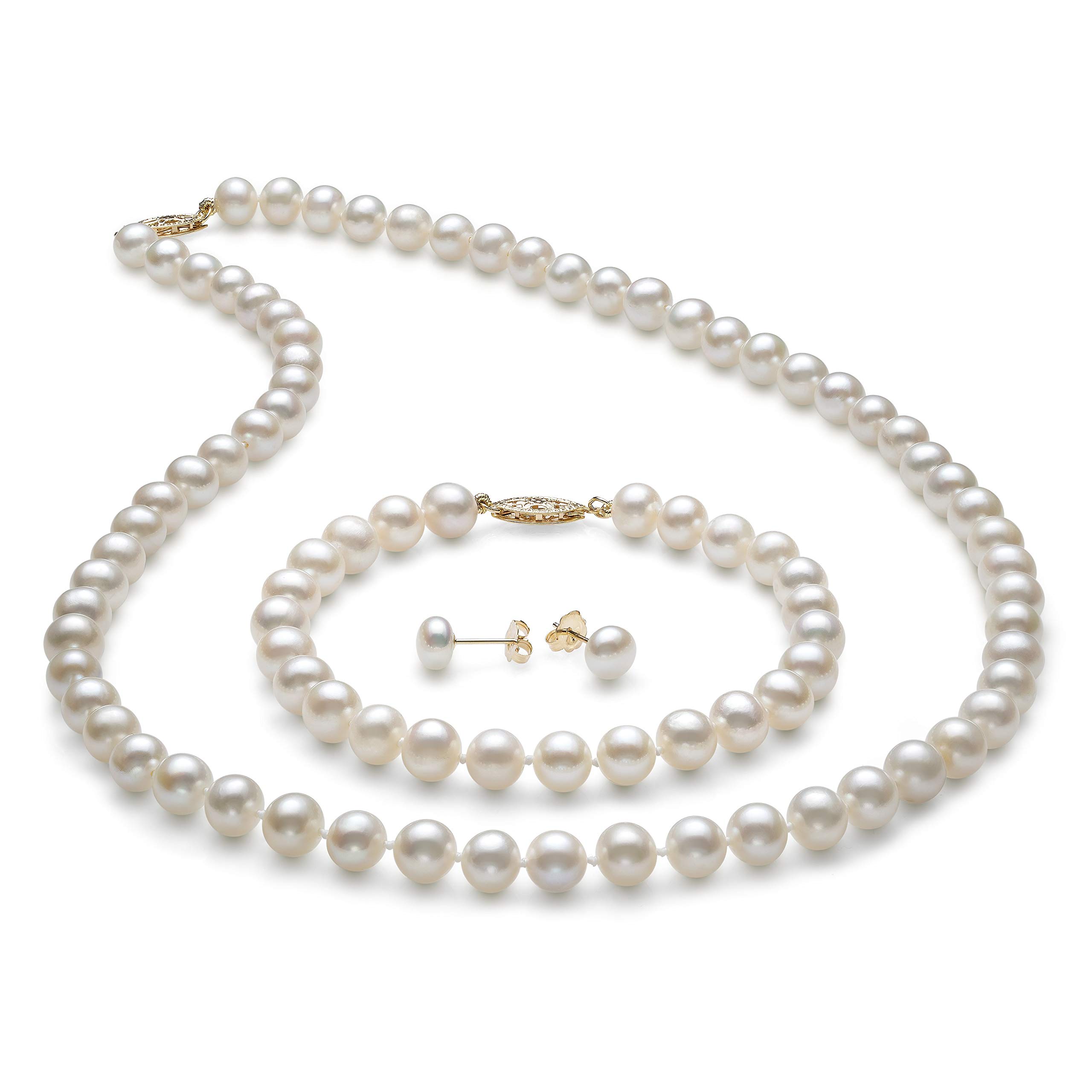 14K Gold Freshwater Pearl Jewelry Set for Women - Necklace, Bracelet & Stud Earrings | 18