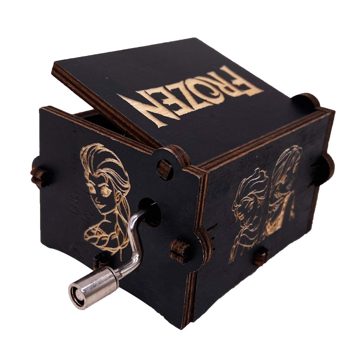 Hand Crank Wooden Music Box - Carved Tiny Musical Gift Box Plays 'Let It Go' Song - Perfect for Birthday Presents, Wedding Favors & Christmas Decorations (Black)