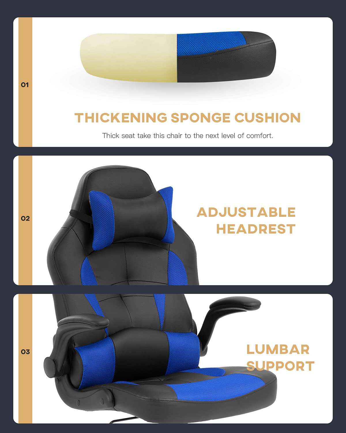 Ergonomic Gaming Office Chair with Adjustable Armrests, Headrest & Lumbar Support - High Back PU Leather Racing Computer Desk Chair for Home & Work (Blue) - Perfect for Long Gaming Sessions, Remote Work & Home Office Comfort