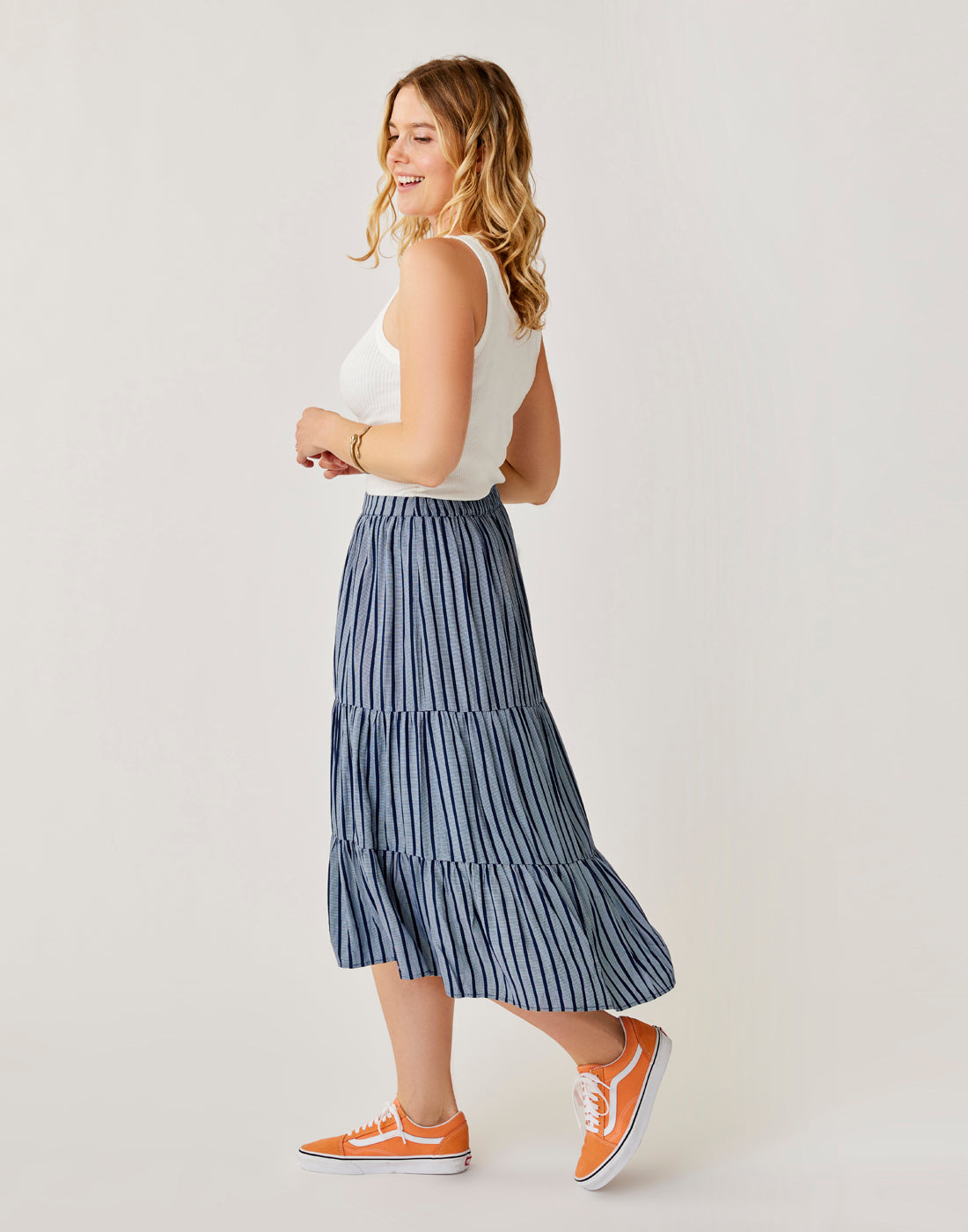 Grace Women's Navy Striped Midi Skirt - Flowy A-Line Wrap Skirt for Casual Wear, Office & Summer Outfits