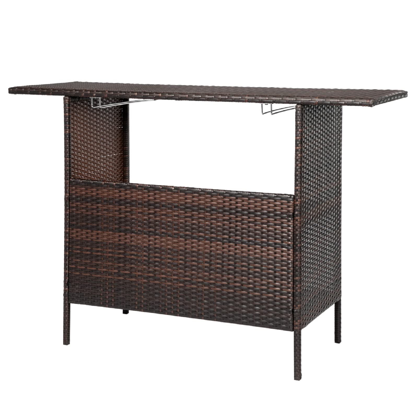 CHZWYT PE Wicker Bar Counter - Portable Rattan Bar Table with 2 Steel Shelves & Rails - Multifunctional Outdoor Bar Counter for Deck, Garden, Patio - Brown Rattan Wicker Furniture for Backyard, Poolside & BBQ Parties