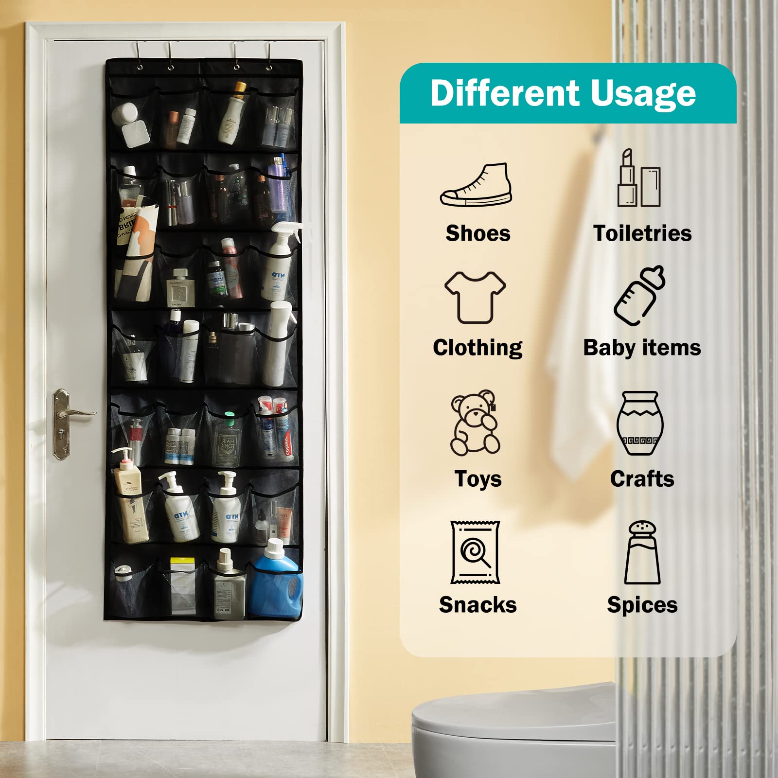 Over Door Shoe Organizer with 28 Extra Large Mesh Pockets - Space Saving Hanging Shoe Rack for Closet, Bedroom & Entryway Organization (Black)