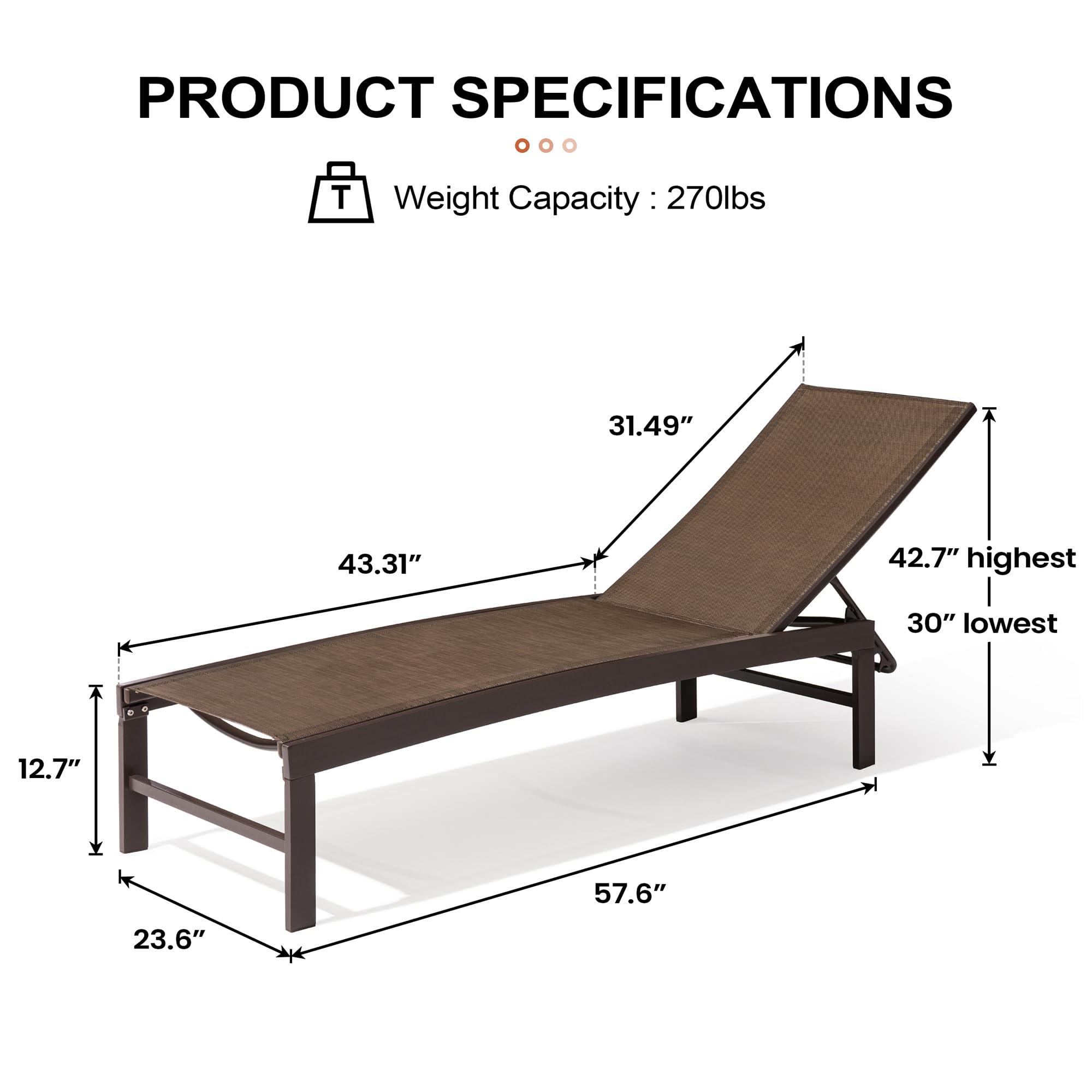 Crestlive 2-Piece Outdoor Aluminum Pool Chaise Lounge Chairs Set - Adjustable 5-Position Tanning Recliner - All-Weather Patio, Beach, Yard & Pool Furniture (Brown) - Perfect for Sunbathing, Relaxing by the Pool or Backyard Lounging