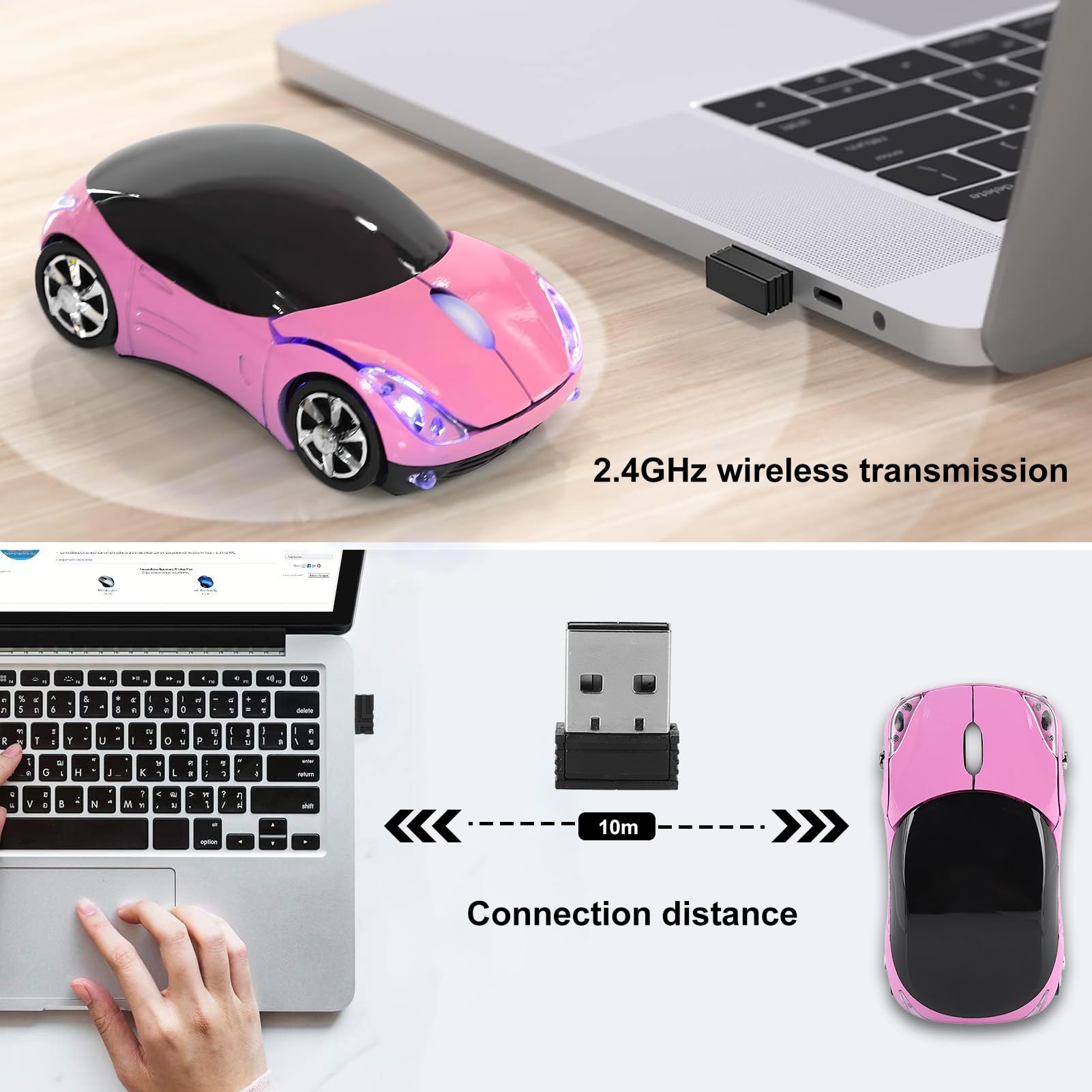 ASHATA 2.4G Wireless Mouse with USB Receiver - 1600DPI Optical Computer Mouse for PC, Laptop, Tablet - Compatible with Windows XP/7/ME/2000 & Mac OS - Cute Pink Mouse for Office, Gaming & Home Use