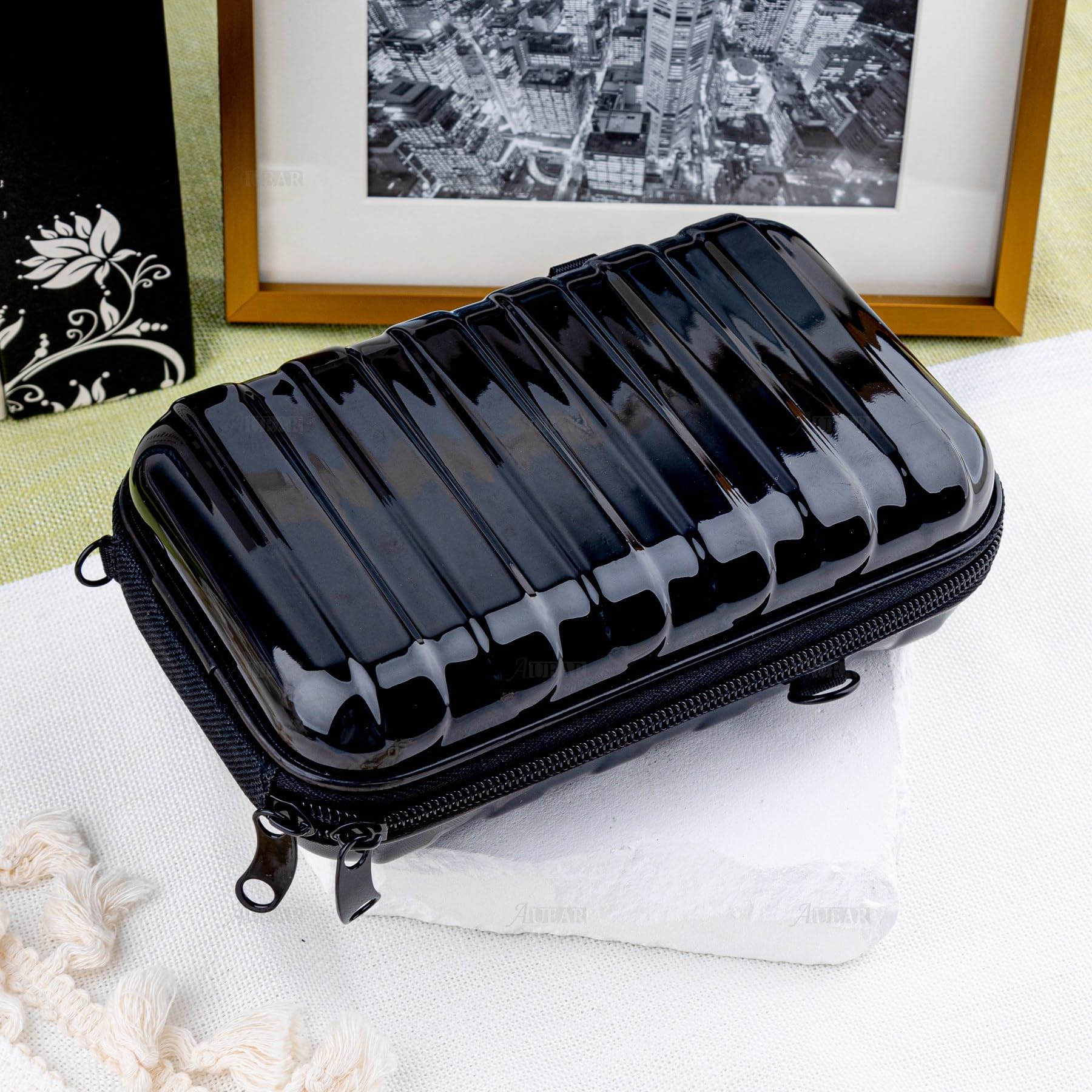 AUEAR Small Hard Shell Cosmetic Travel Case - 7 Inch Mini Vertical Toiletry Bag with Detachable Shoulder Strap & Grip Rope (Black) - Perfect for Airplane Carry-on, Gym Essentials & Weekend Getaways