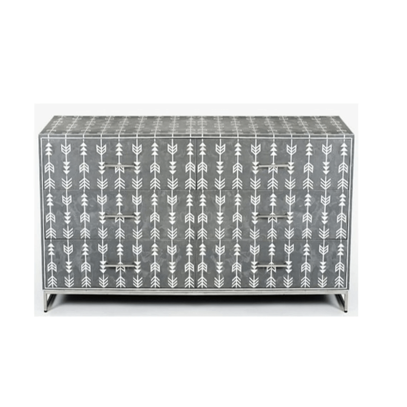 Handmade Bone Inlay Sideboard with 6 Drawers | Vintage Indian Furniture for Living Room, Dining Room & Bedroom Storage | Boho Home Decor & Statement Piece
