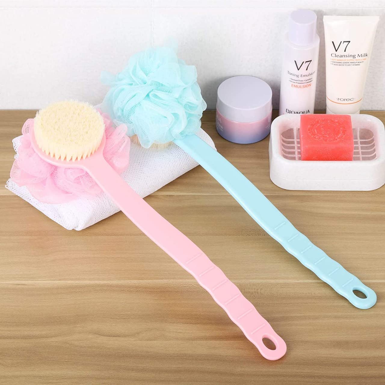 MosQuick® 2-Pack Double Sided Body Scrubber for Men & Women - Exfoliating Back Scrubber with Handle for Dry Brushing, Bath & Shower - Perfect for Body Wash & Skin Care Routine