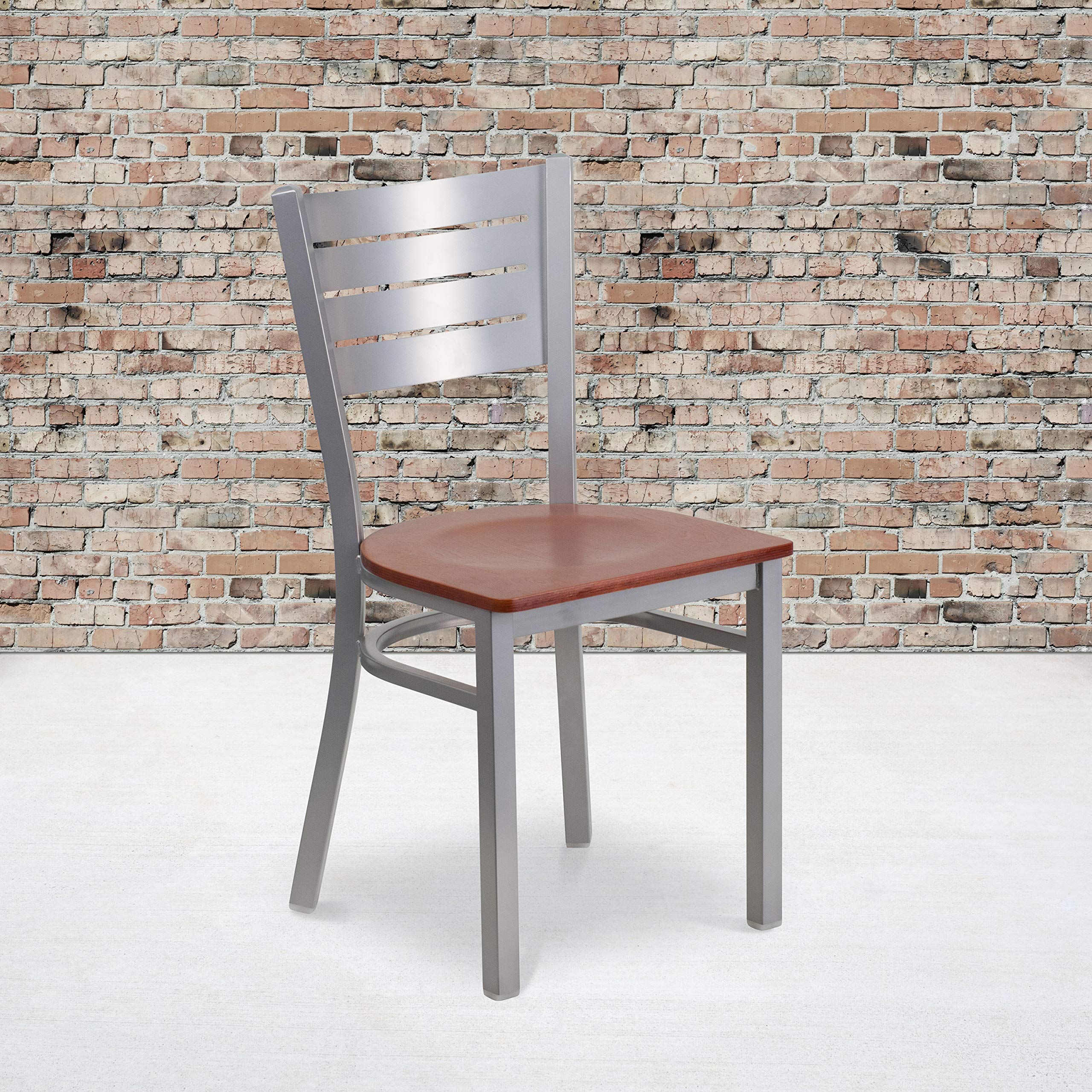 2 Pack Silver Metal Slat Back Restaurant Chairs with Cherry Wood Seat - Durable & Stylish Dining Chairs for Cafes, Bistros, and Home Kitchens