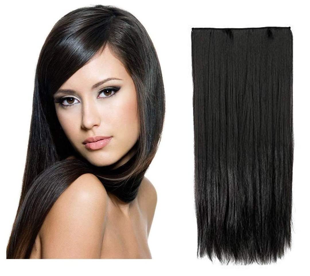 BeatStock 24 Inch Synthetic Straight Hair Extensions for Women - 5 Clips in 1 Piece for Added Length & Volume (Black) | Perfect for Parties, Weddings & Everyday Styling