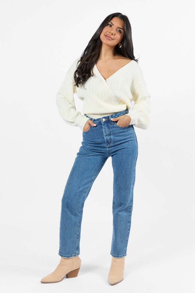 With Love Ivory Wrap Pointelle Sweater for Women - Cozy Knit Pullover for Fall & Winter - Perfect for Casual Outfits, Dates, and Office Wear