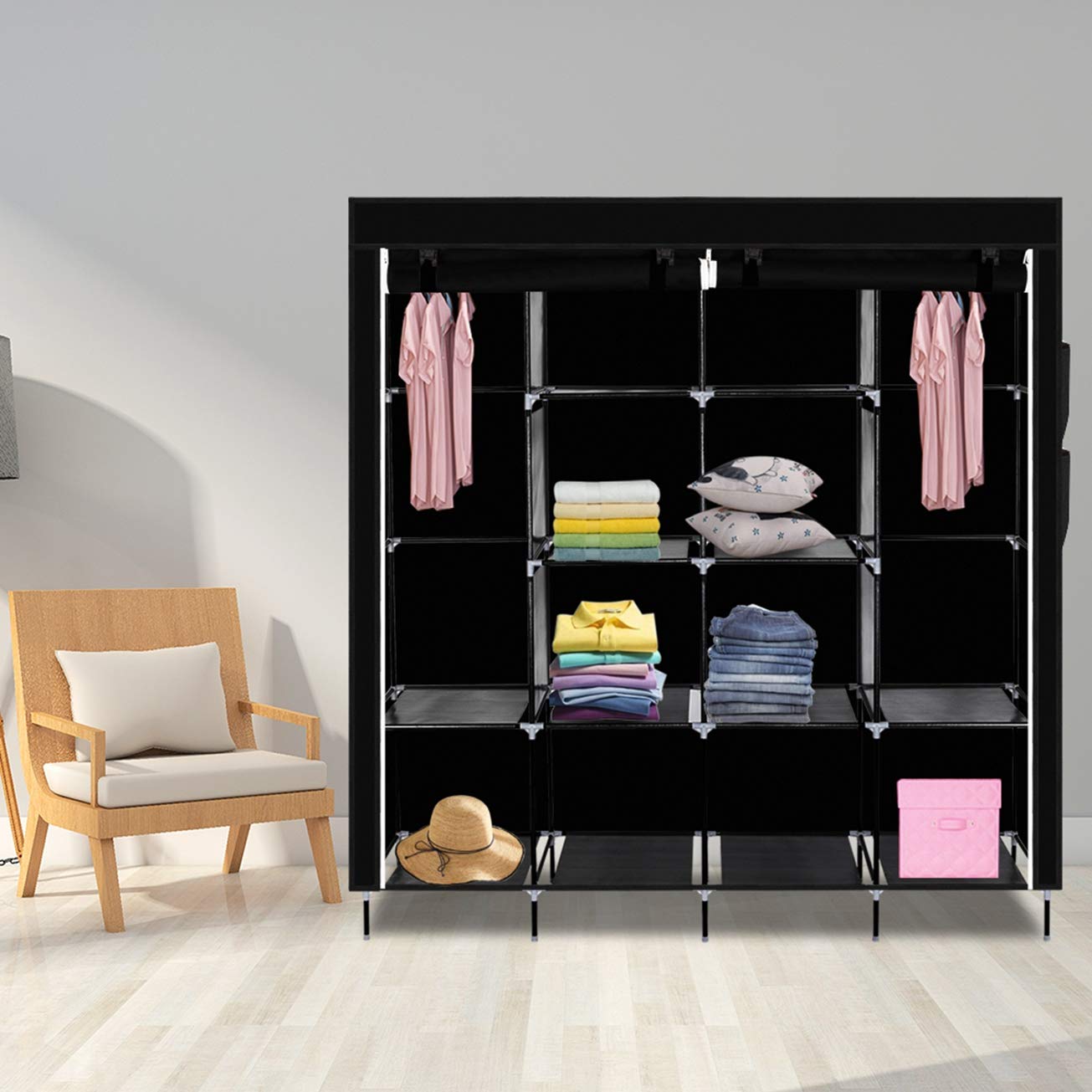 67 Inch Portable Wardrobe Closet Organizer with 12 Shelves & 4 Side Pockets | Heavy Duty Clothes Storage Rack with Protective Cover | Perfect for Bedroom, Dorm, Apartment & Small Space Organization