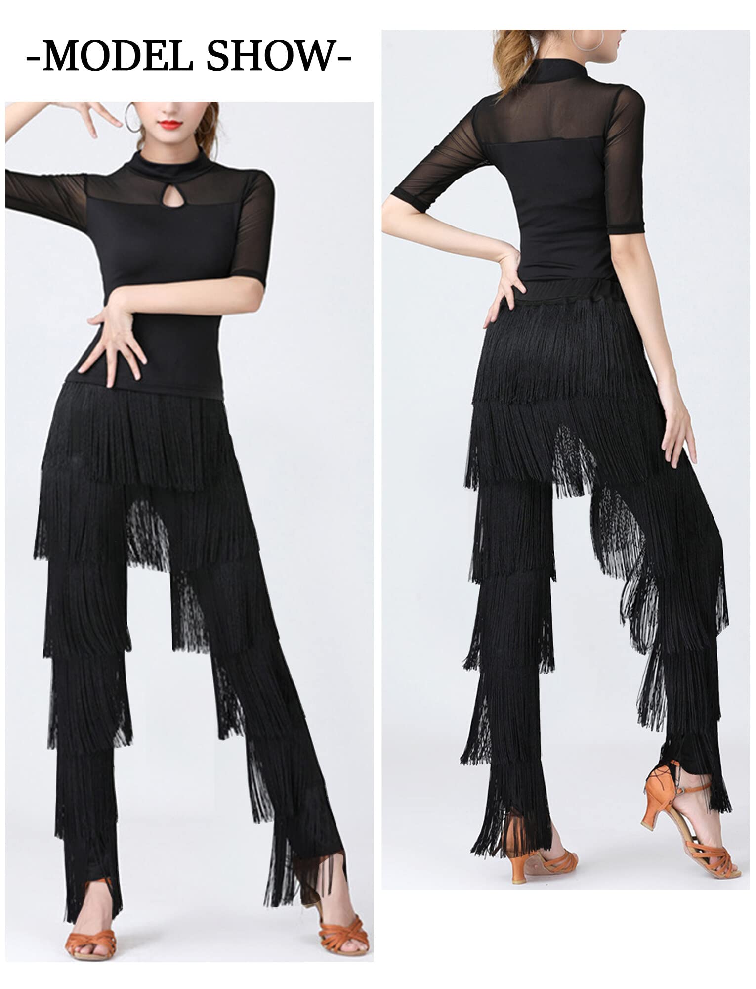 FEOYA Women's Fringe Latin Dance Pants with Tassels - Ballroom, Rumba, Tango & Salsa Practice Pants - Perfect for Dance Competitions & Performances