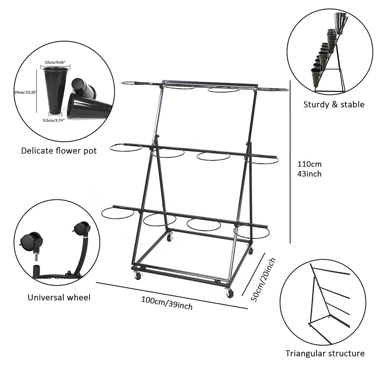 U&Q 3-Tier Metal Plant Stand with Wheels - Modern Indoor Outdoor Flower Display Shelf with Buckets for Home, Patio, Balcony - Black 100x50x110cm (39x20x43in) - Perfect for Decorating Living Rooms, Gardens & Office Spaces