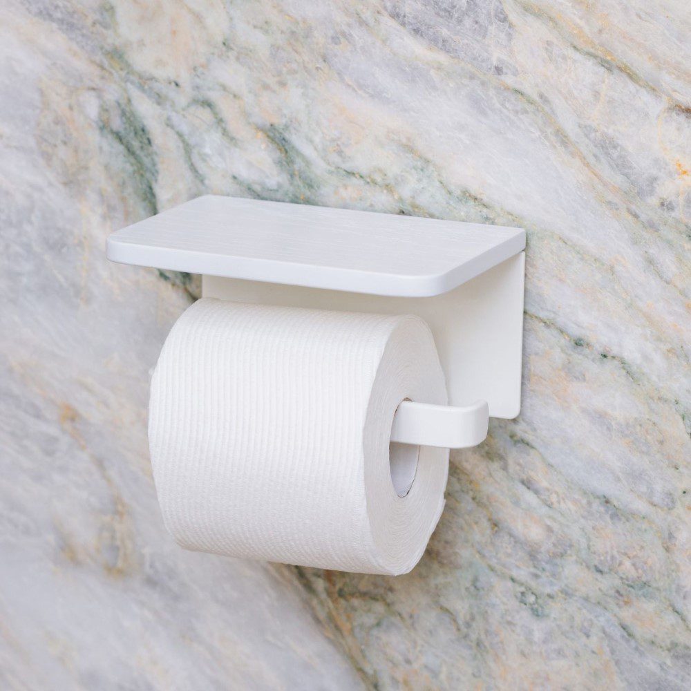 DESIGNSTUFF White Single Toilet Paper Holder with Shelf - Bathroom Storage Organizer for Small Spaces & Modern Decor
