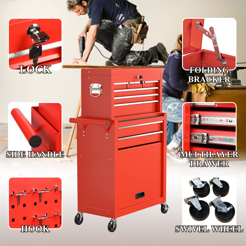 On Shine 8-Drawer Rolling Tool Chest - Heavy Duty Tool Storage Cabinet with 4 Wheels & Lockable Removable Top Box - Perfect for Garage, Workshop & Warehouse Organization (Red)