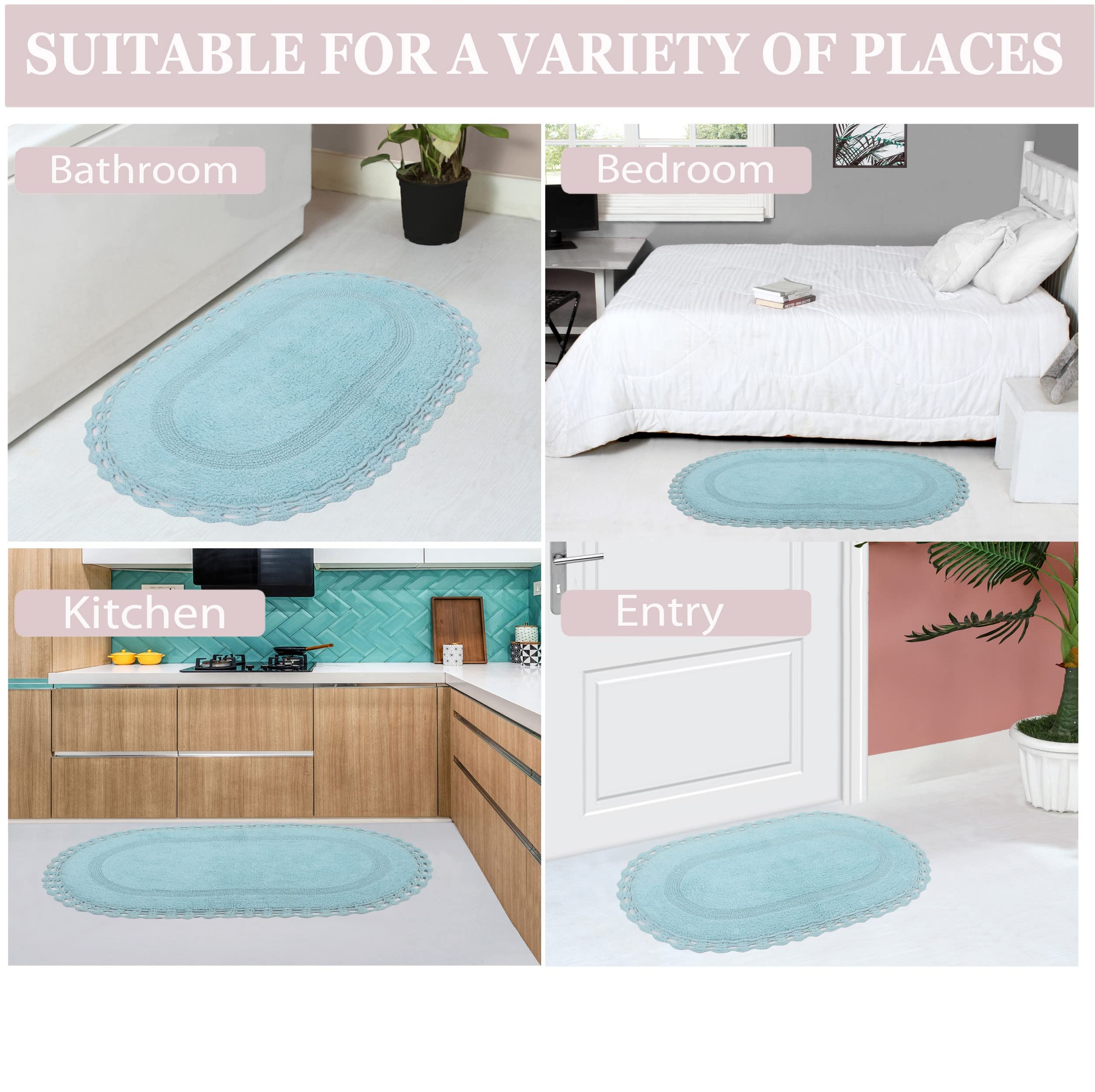 Home Weavers Hampton Crochet Reversible Bath Mat Set - 100% Cotton Washable Bathroom Rug, Ultra Soft & Absorbent Non-Slip Bath Mat for Bathroom & Kitchen, 17