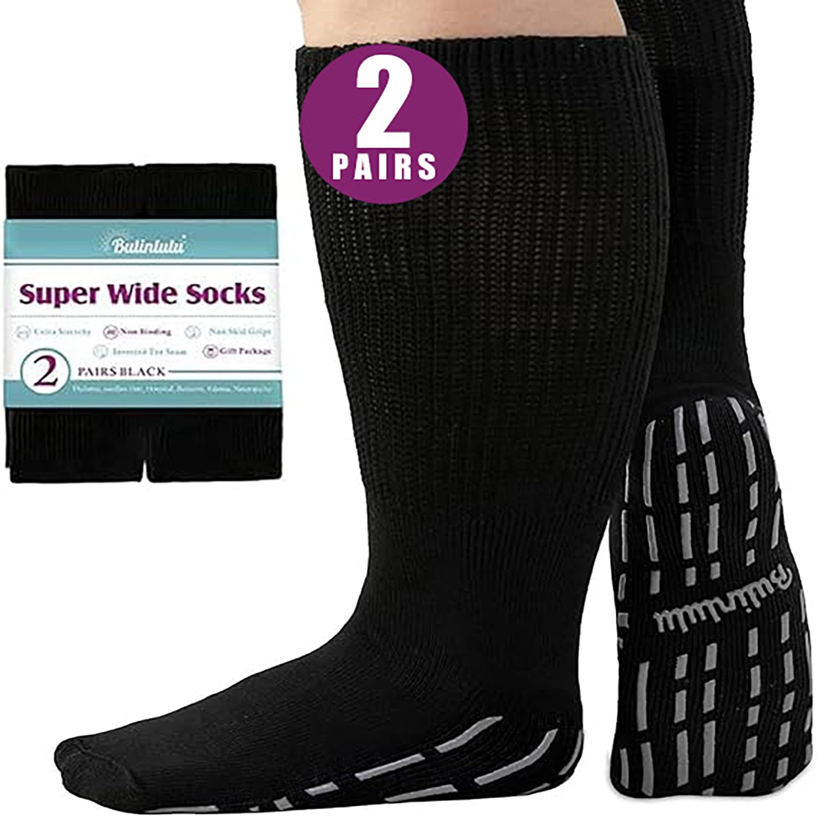 Bulinlulu Wide Width Non-Slip Socks for Swollen Feet - 2 Pairs Hospital Grip Socks for Men & Women (Size 13-15), Bariatric & Diabetic Socks, Lymphedema Compression Socks - Black - Perfect for Hospital Stay, Post-Surgery & Daily Comfort