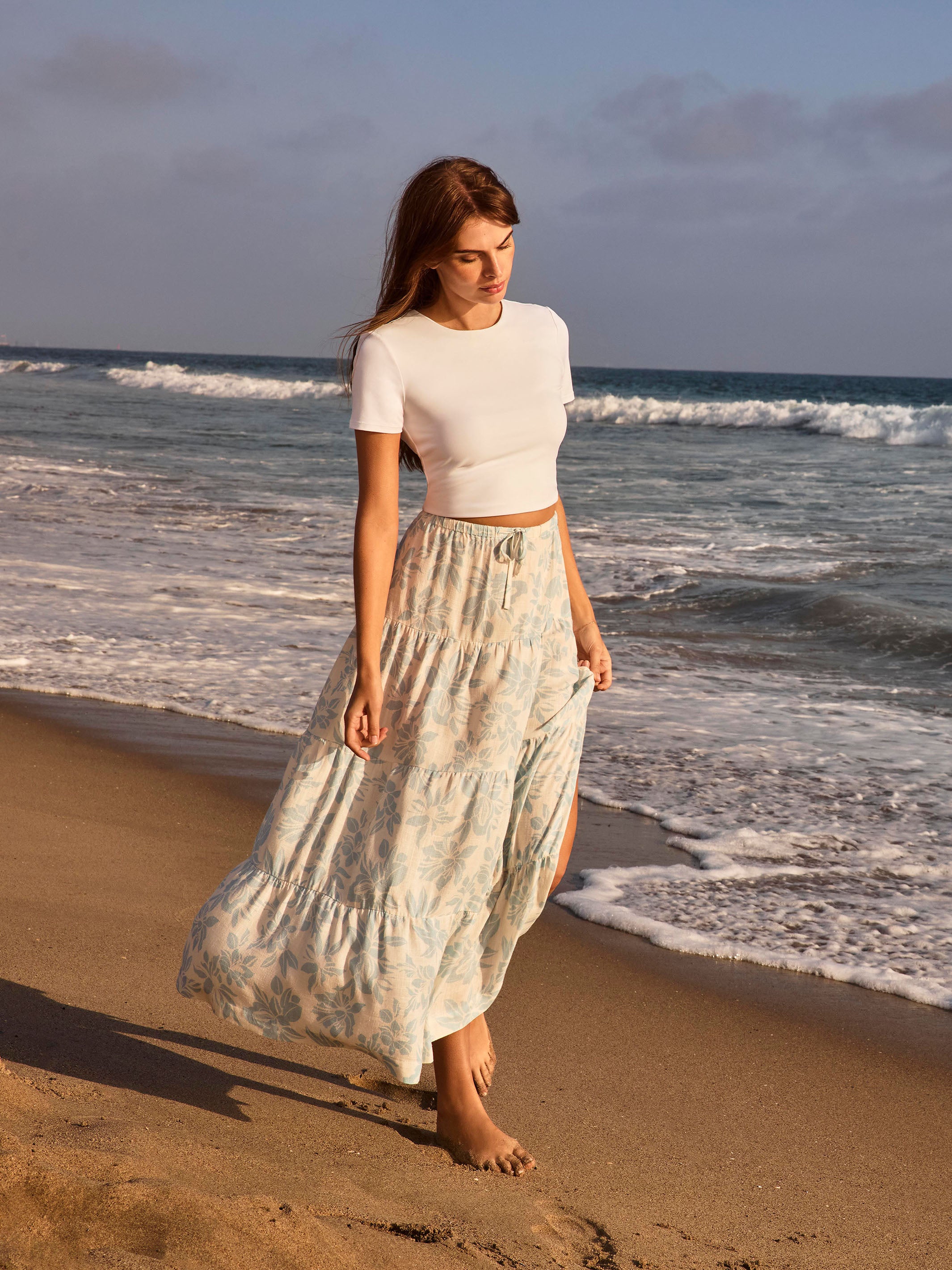 Stylish Linen Blend Printed Tiered Skirt - Floral Bloom Design for Women | Perfect for Summer Outfits, Beach Vacations & Boho Fashion