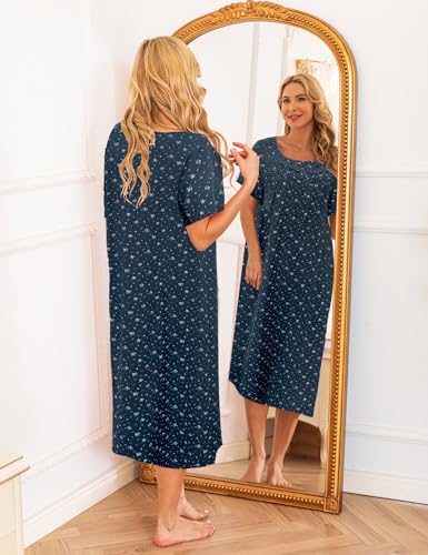 Short Sleeve-pink Flowers on Navy Blue