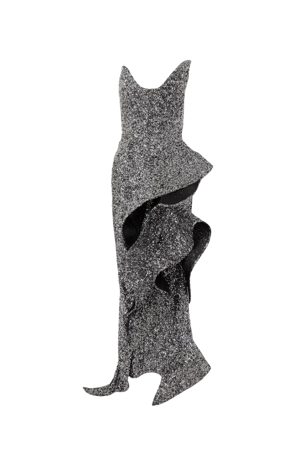 Elegant Asymmetrical Ruffled Sequin Crepe Gown in Silver - Perfect for Evening Galas, Prom Nights & Special Occasions