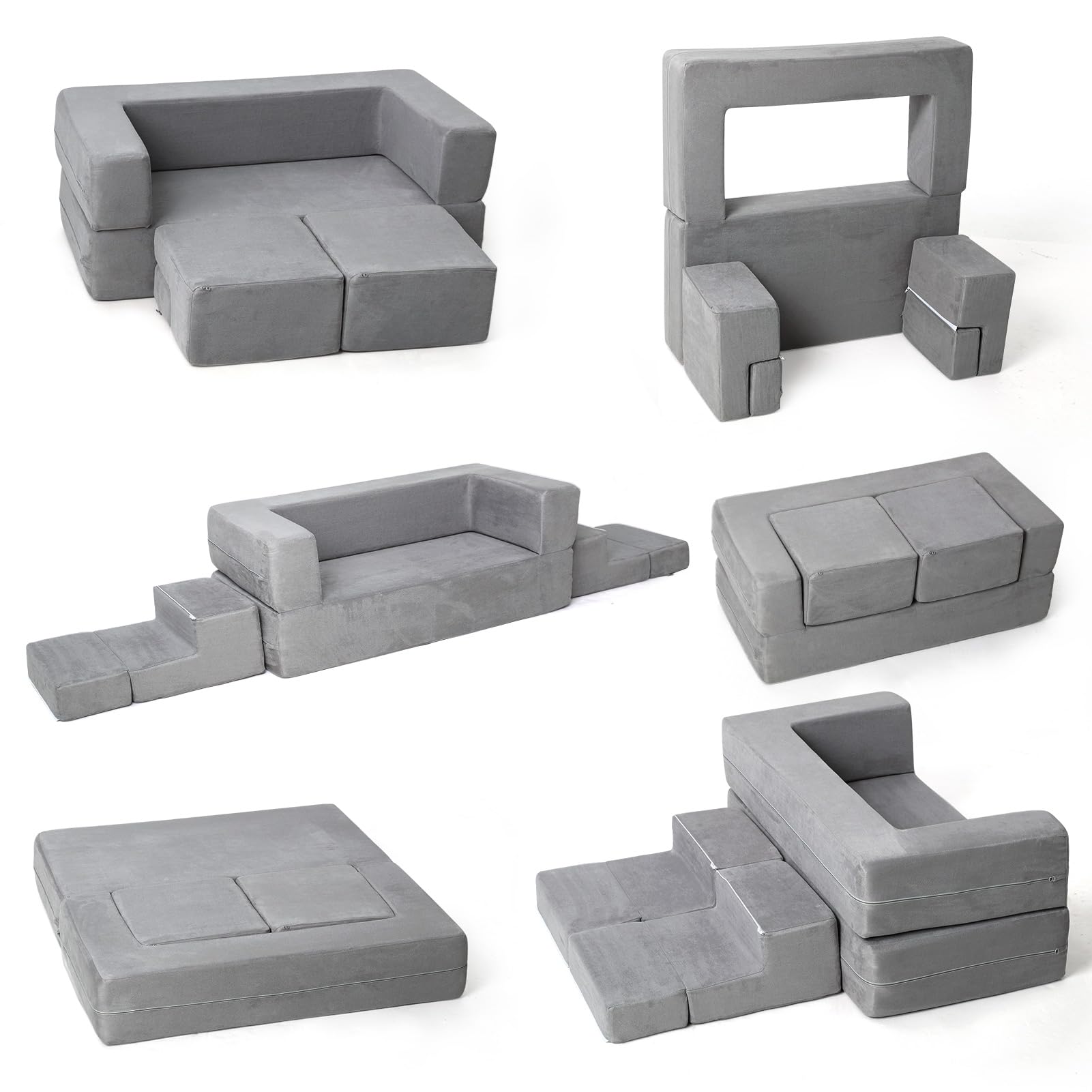Modular Kids Couch for Toddlers - Convertible Playroom & Bedroom Furniture for Boys & Girls - Soft Grey Children's Sofa for Playing, Napping & Imaginative Play - Perfect for Daycare, Preschool & Home Play Areas