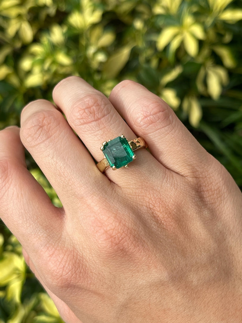 4.48ct 14K Gold Dark Green Asscher Cut Emerald Solitaire Ring - Organic Nugget Design for Engagement, Wedding & Special Occasions