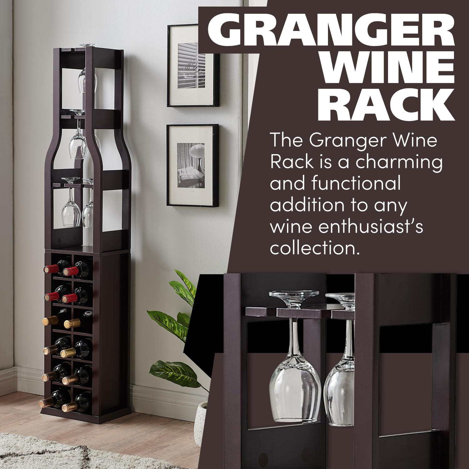 Kings Brand Granger Freestanding Wine Rack with Glass Holder - 12 Bottle Capacity & 3 Stemware Racks - Dark Cherry Wood Floor Standing Wine Storage for Home Bar, Kitchen, Dining Room - Perfect for Wine Enthusiasts & Entertaining Guests