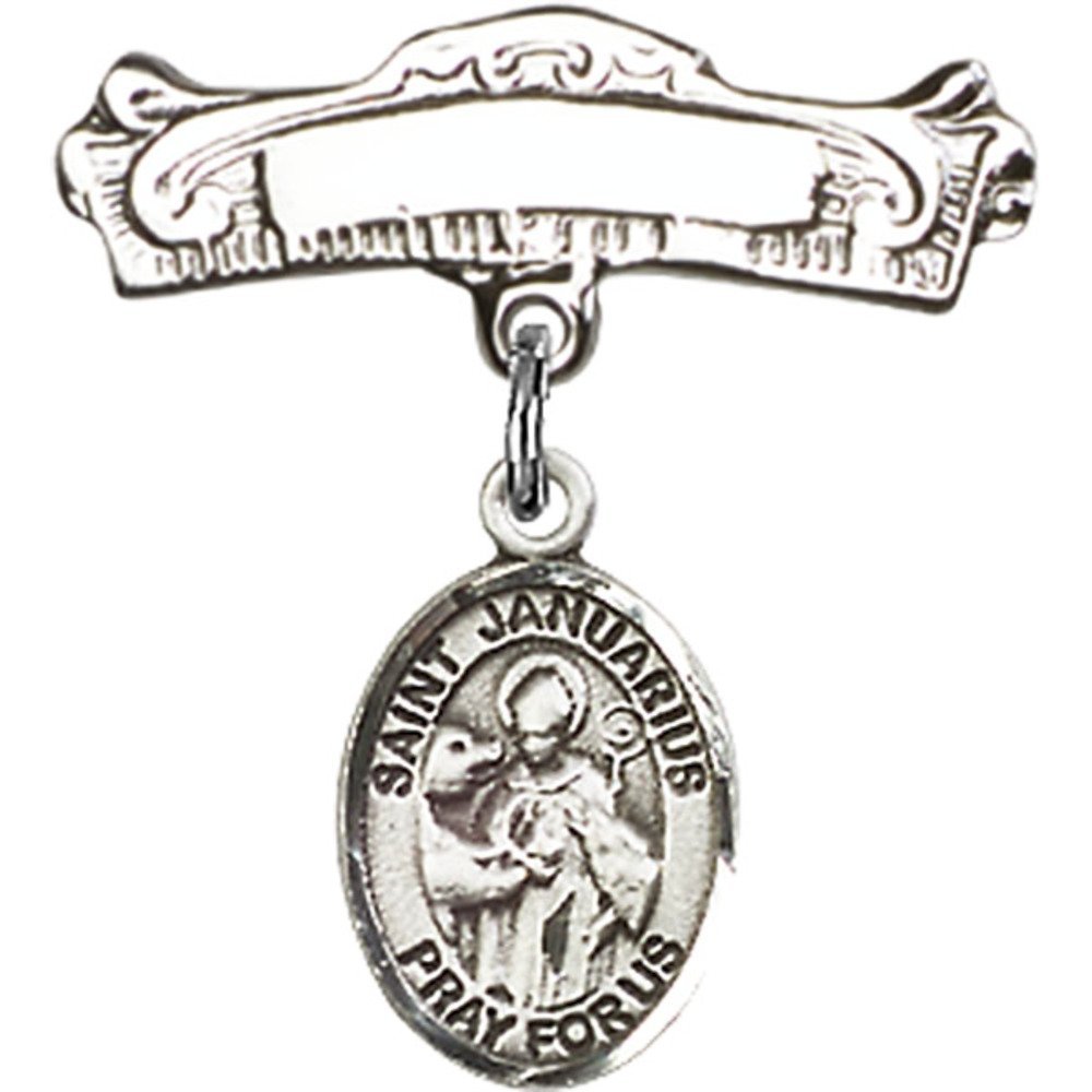 St. Januarius Sterling Silver Baby Badge with Charm - 7/8 X 7/8 Inch Arched Polished Pin - Perfect for Christenings, Baptisms & First Communion Gifts
