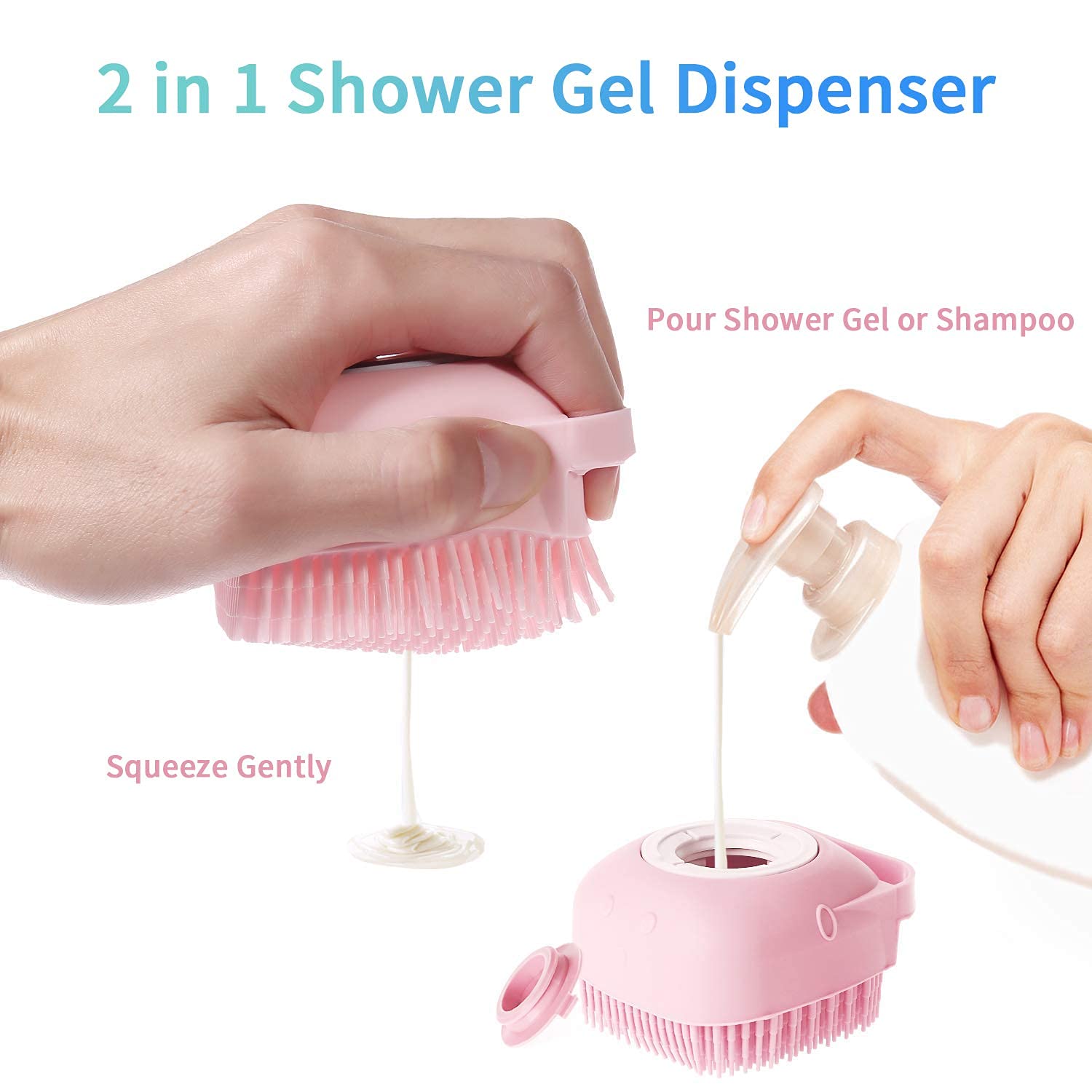 Silicone Body Brush for Shower with Soap Dispenser - Exfoliating Massage Bath Brush for Dry Skin - Spa Quality Scrubber with Long Handle for Men & Women - Perfect for Exfoliation & Relaxation in Bath or Shower (Pink)