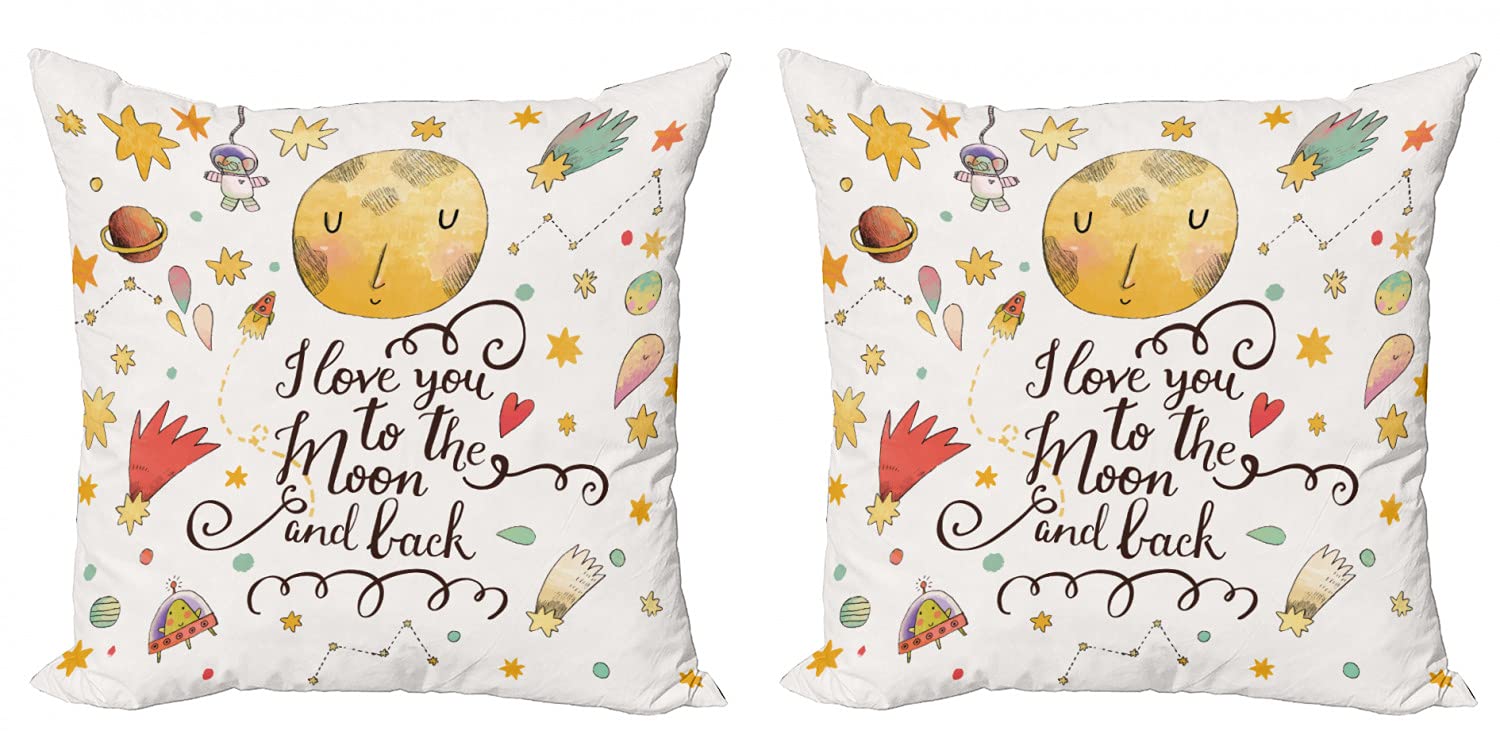 Ambesonne 2-Pack Decorative Throw Pillow Covers - Romantic Cartoon Style with Celestial 'I Love You to The Moon and Back' Design, 24 Inch Multicolor Cushion Covers for Couch, Bedroom & Living Room - Perfect for Home Decor, Gifts and Cozy Spaces