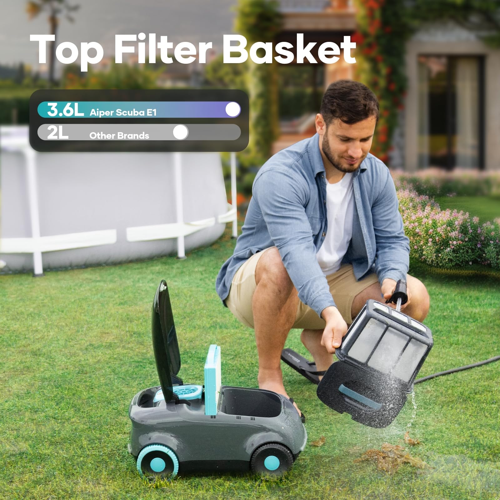 AIPER Scuba E1 Cordless Robotic Pool Cleaner - Powerful Tri-Motor Pool Vacuum with Advanced Filtration System for Above Ground Pools up to 1,100 Sq.ft (Renewed) | Automatic Cleaning for Inground & Above Ground Swimming Pools, Spas & Water Features