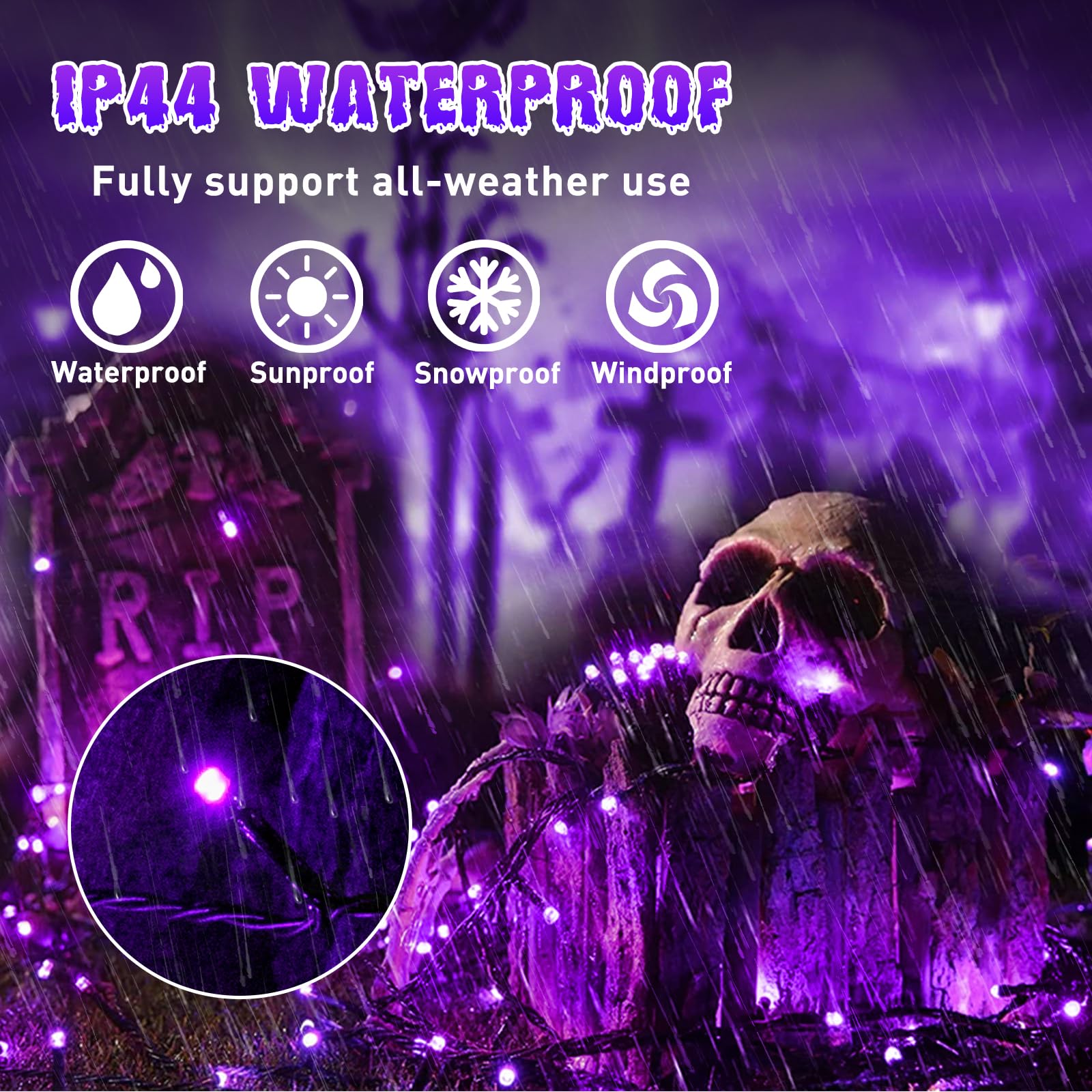 Vanthylit 82 FT 200 LED Halloween String Lights with Music & Motion Sensor - Waterproof Purple Outdoor Halloween Decorations for Yard, Party, and Porch