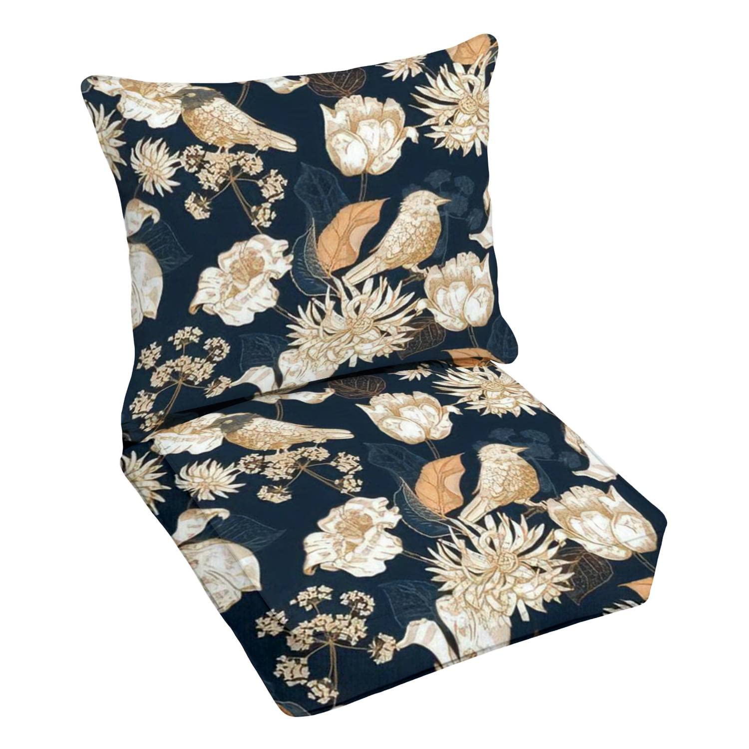 Premium Outdoor Deep Seating Cushion Set - Vintage Blue Floral Bird Pattern, Seamless Design for Patio Lounge Chairs | Durable Replacement Cushions for Conversation Sets, Perfect for Garden, Deck, and Poolside Relaxation