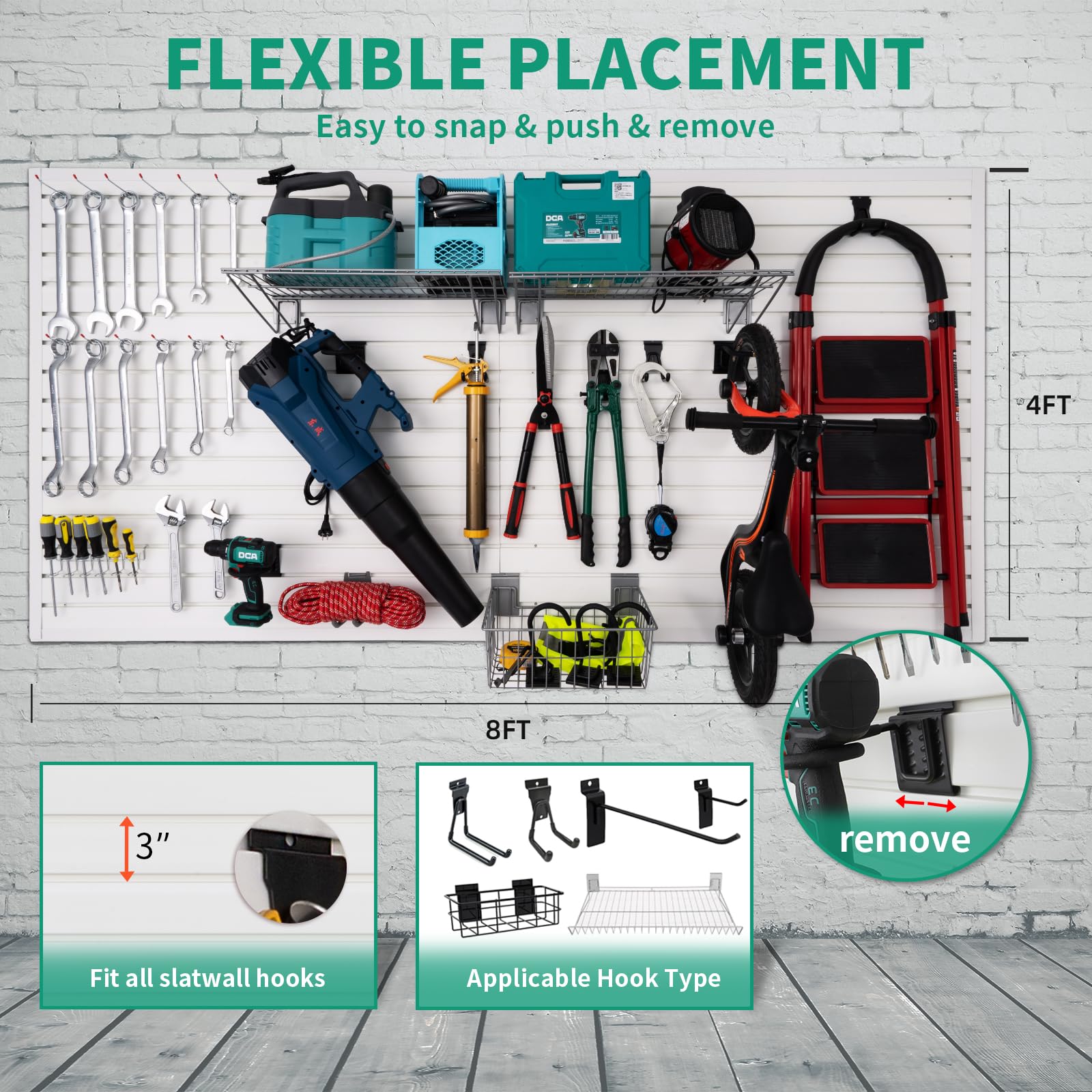 **4x8 Slatwall Panel Garage Tool Organizer with 15 Accessories - Wall Mount Yard & Power Tool Storage, Bike Rack & Garden Organizer - White Slat Wall Paneling for Garage, Workshop & Home Organization**