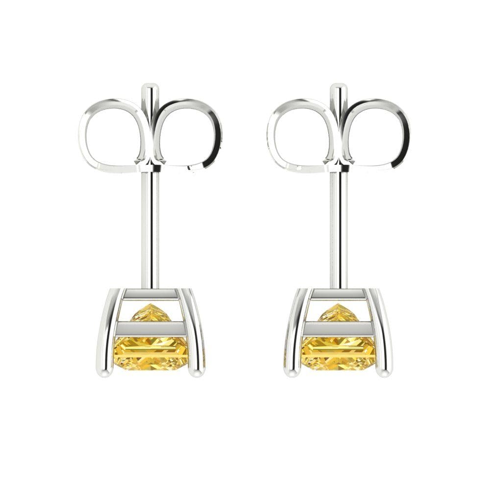 1.50 Carat Princess Cut Canary Yellow Simulated Diamond Stud Earrings in 14K White Gold - Anniversary Gift for Her, Push Back Setting - Perfect for Weddings, Parties & Special Occasions