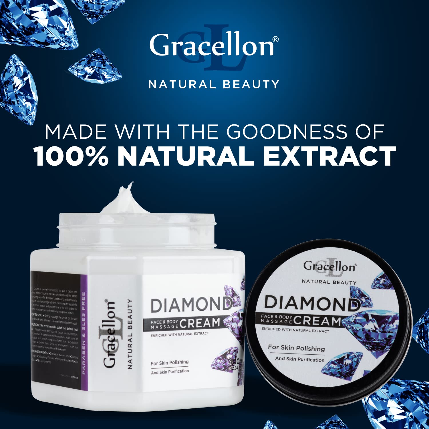 Gracellon Diamond Face & Body Massage Cream - Skin Brightening & Purifying Treatment for Glowing Complexion | Paraben & SLES Free | Perfect for Spa, Home Skincare & Relaxation Therapy