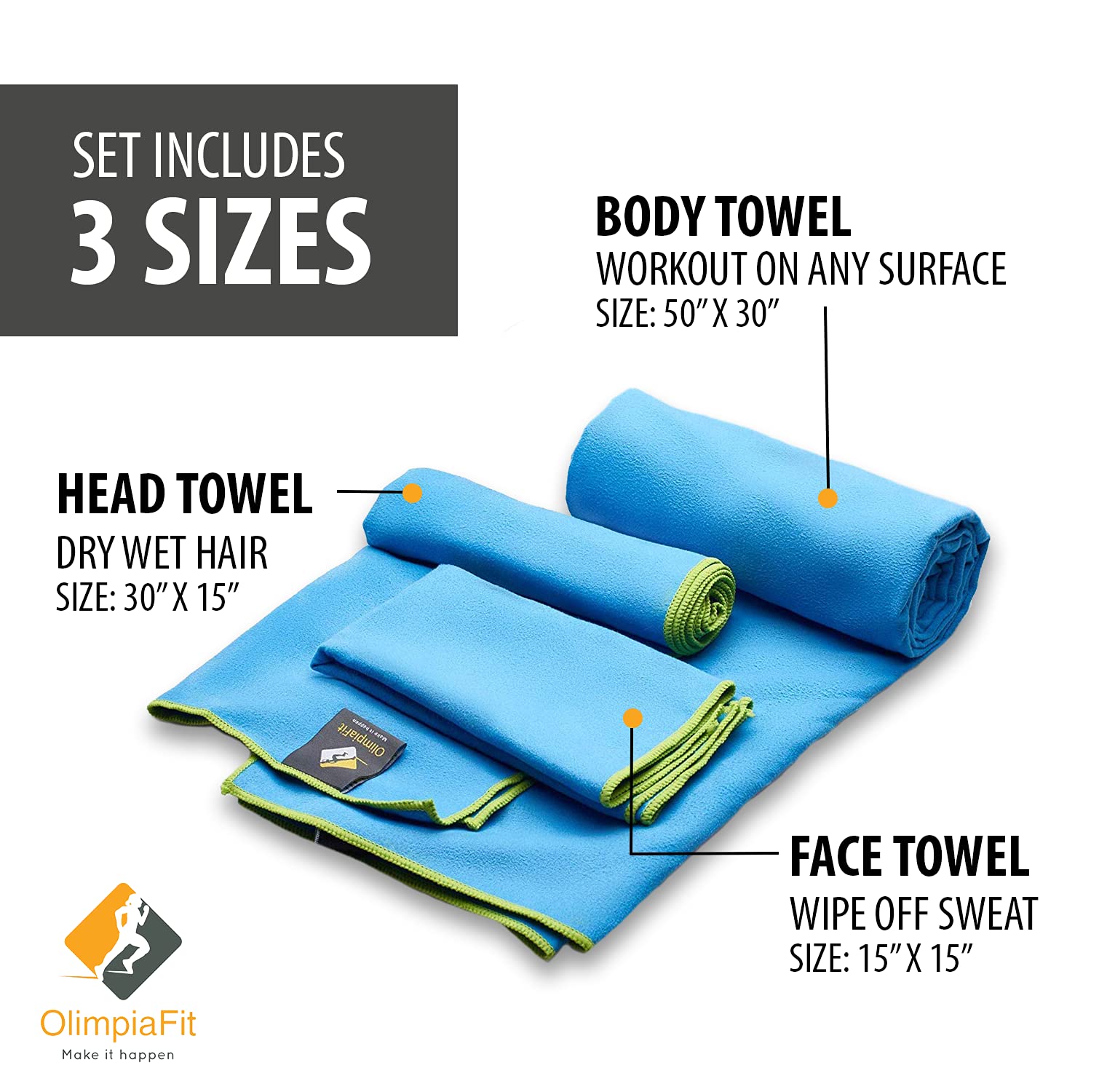 OlimpiaFit Quick Dry Towel - 3 Pack Lightweight Microfiber Travel Towels with Carry Bag - Fast Absorbing Sports Towel Set for Camping, Beach, Gym, Yoga & Swimming | Perfect for Travel, Workout & Outdoor Activities