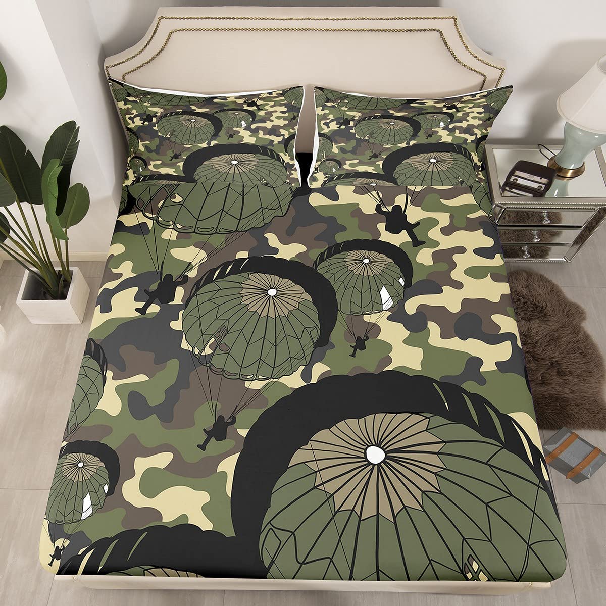 Military Camo Bed Sheets Set - Army Green & Black Parachute Style Bedding for Kids & Teens - 4Pcs Full Size Bedroom Decor - Perfect for Boys, Girls, Camping & Adventure Themed Rooms