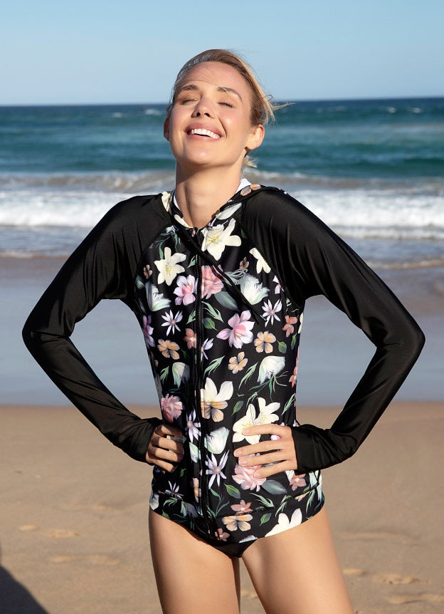 Coral Flower Print UPF 50 Long Sleeve Rash Guard Swimsuit Top - Sun Protection Beachwear for Surfing, Swimming & Water Sports | Argentina Artist x Axesea