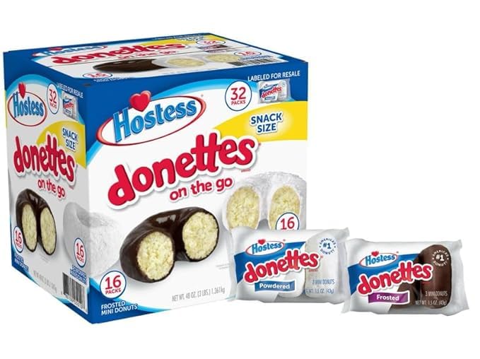 Hostess Mini Powdered & Frosted Chocolate Donettes 32 Pack - Delicious Bite-Sized Donuts for Office Snacks, School Lunches & Party Treats