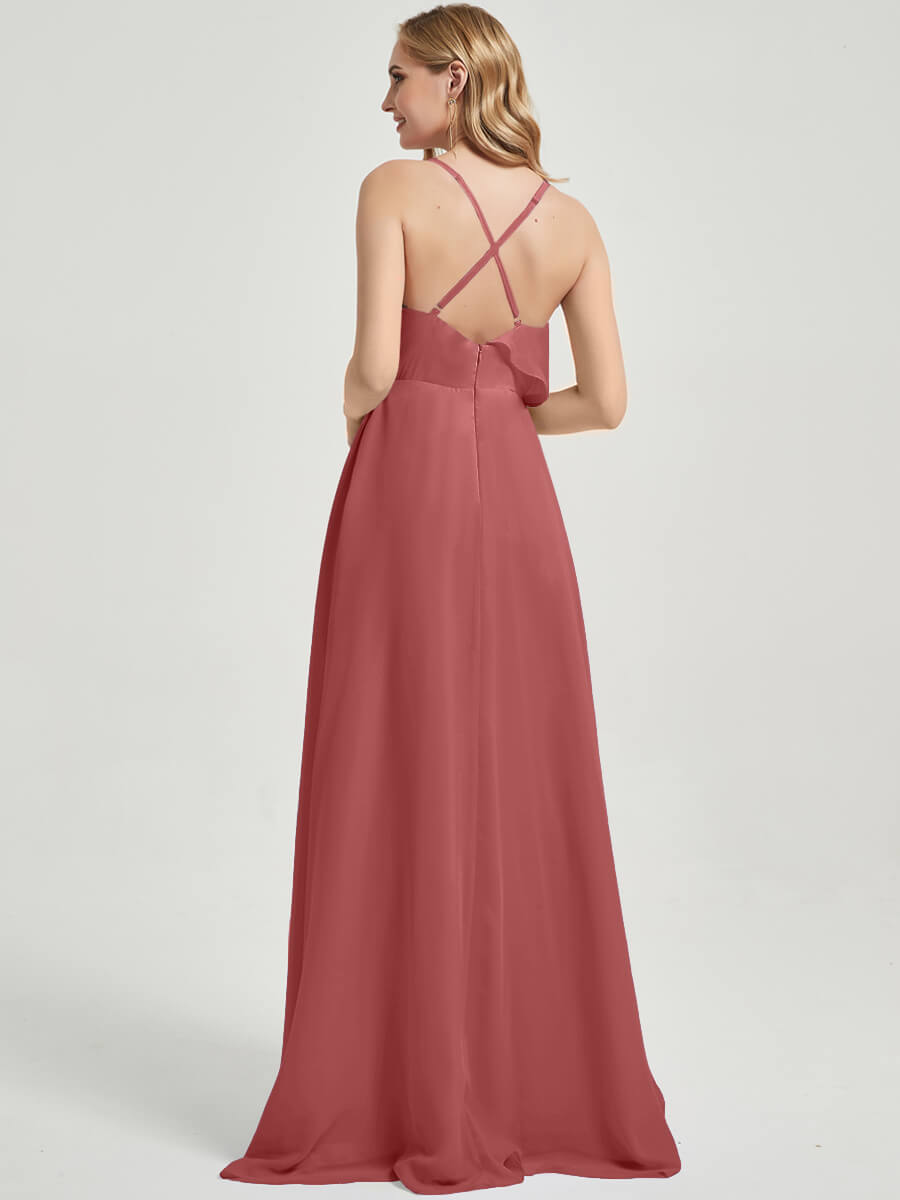 Elegant Desert Rose Criss Cross Straps Ruffles Slit Chiffon Bridesmaid Dress - Perfect for Weddings, Formal Events & Special Occasions