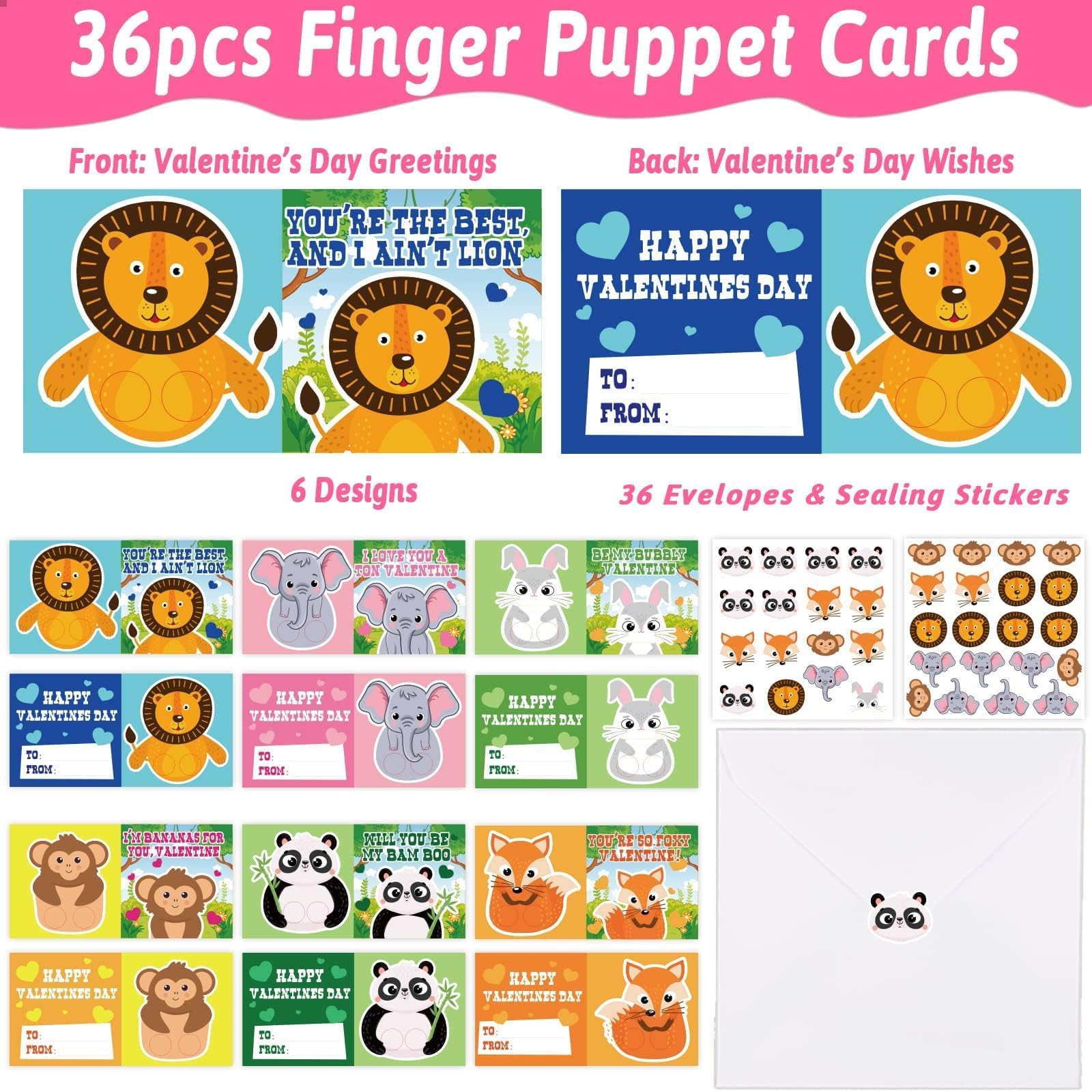 36 Valentine's Day Animal Finger Cards with Envelopes - Cute Valentine Greeting Cards for Kids, Classroom Exchange, Party Favors & Gift Giving - Bulk Pack for Valentine's Parties, School Activities & Family Celebrations