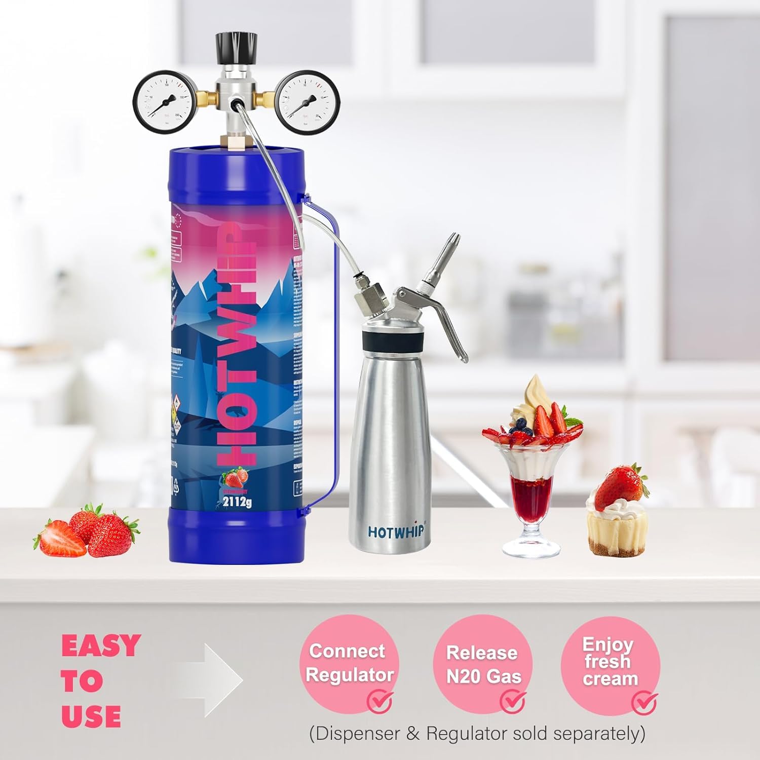 Premium 3.3L Whipped Cream Charger (2112g) - Food Grade Stainless Steel Cylinders with Strawberry Flavor & Nozzle - 6 Pack for Desserts, Coffee Toppings & Baking Decorations