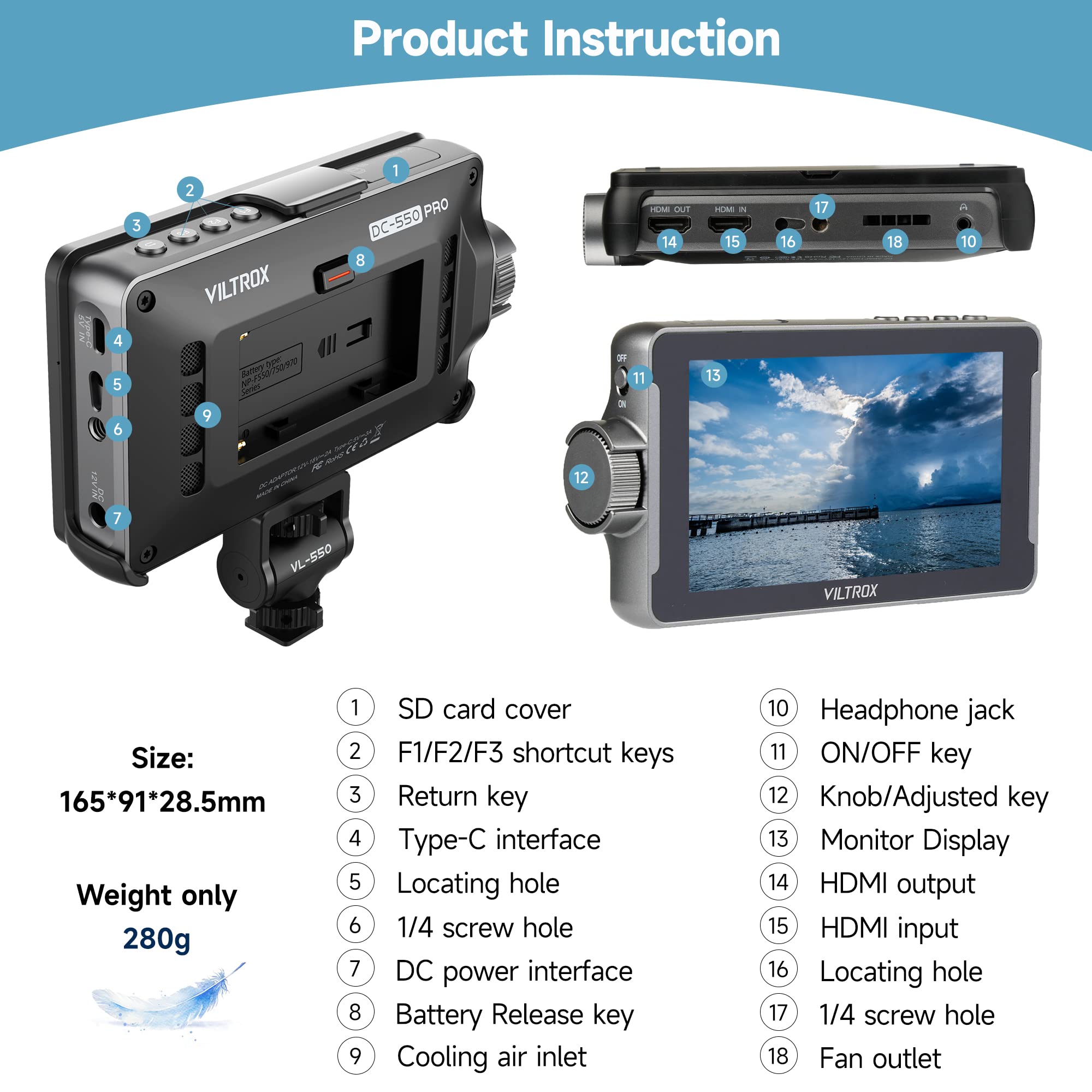 VILTROX DC-550 Pro 5.5 Inch 4K HDMI Touchscreen DSLR Camera Field Monitor - 1200 Nits Brightness, 3D LUT, HD 1920x1080, Focus Peaking Assist - with Battery & Sunshade Hood - Perfect for Outdoor Filming, Vlogging, and Professional Video Production