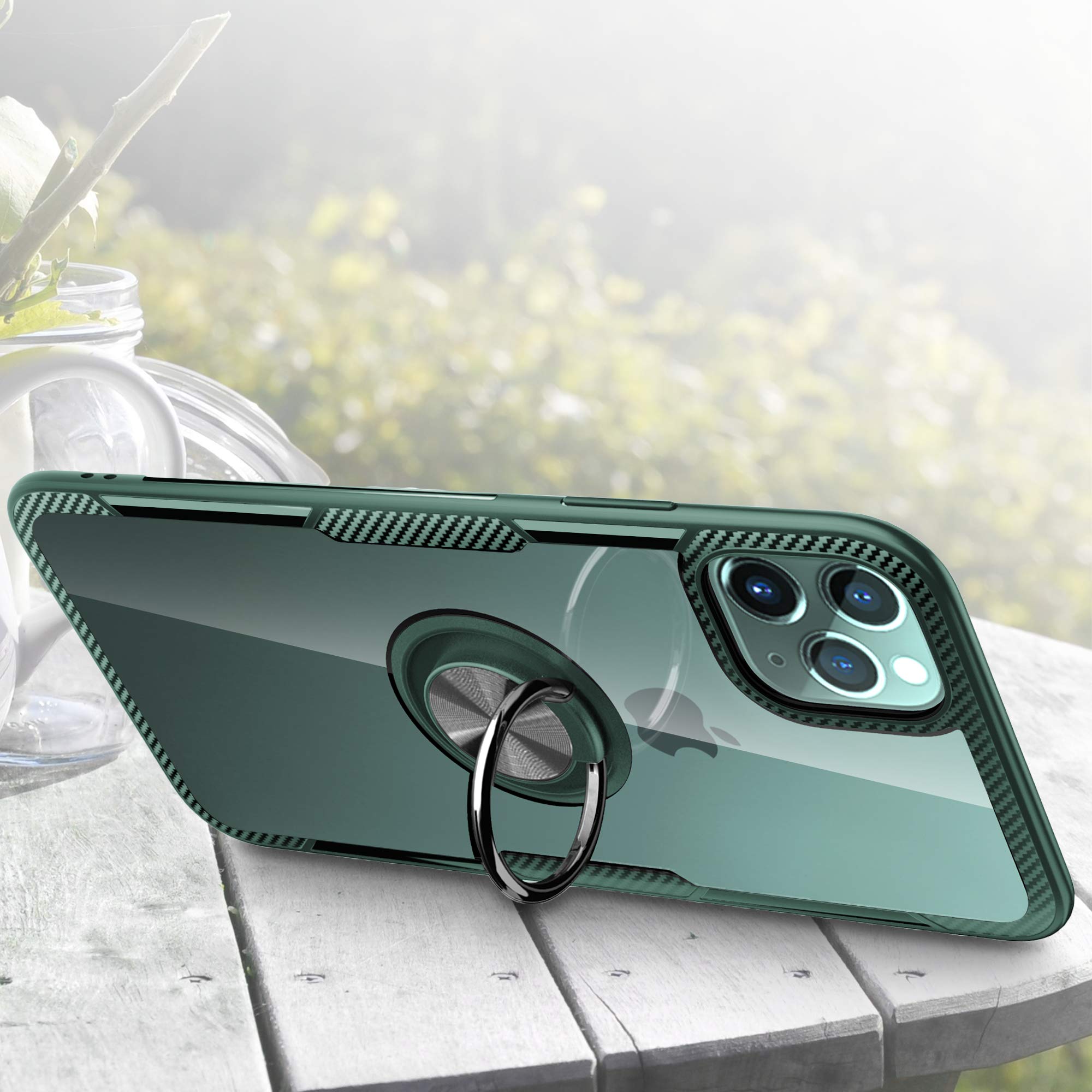 Samsung Galaxy Z Flip 5 Case - Carbon Fiber Clear Crystal Protective Cover with 360° Rotating Ring Holder & Kickstand (Dark Green) - Perfect for Daily Use, Travel & Hands-Free Viewing