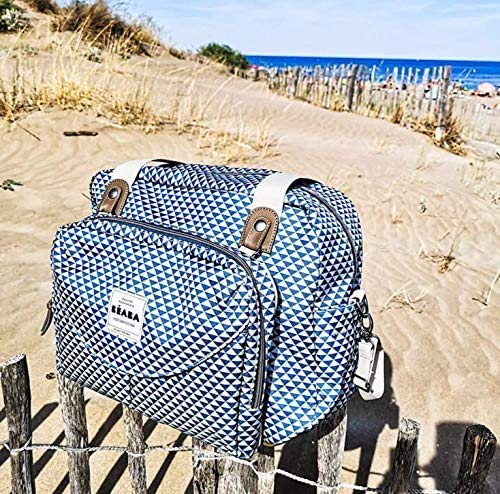 Béaba Genève II Baby Diaper Bag for Newborns & Toddlers - Large Capacity Waterproof Changing Bag with Insulated Lunch Pouch, Stroller Attachment & Changing Mat - Perfect for Travel, Daycare & Outings - Blue Floral Print