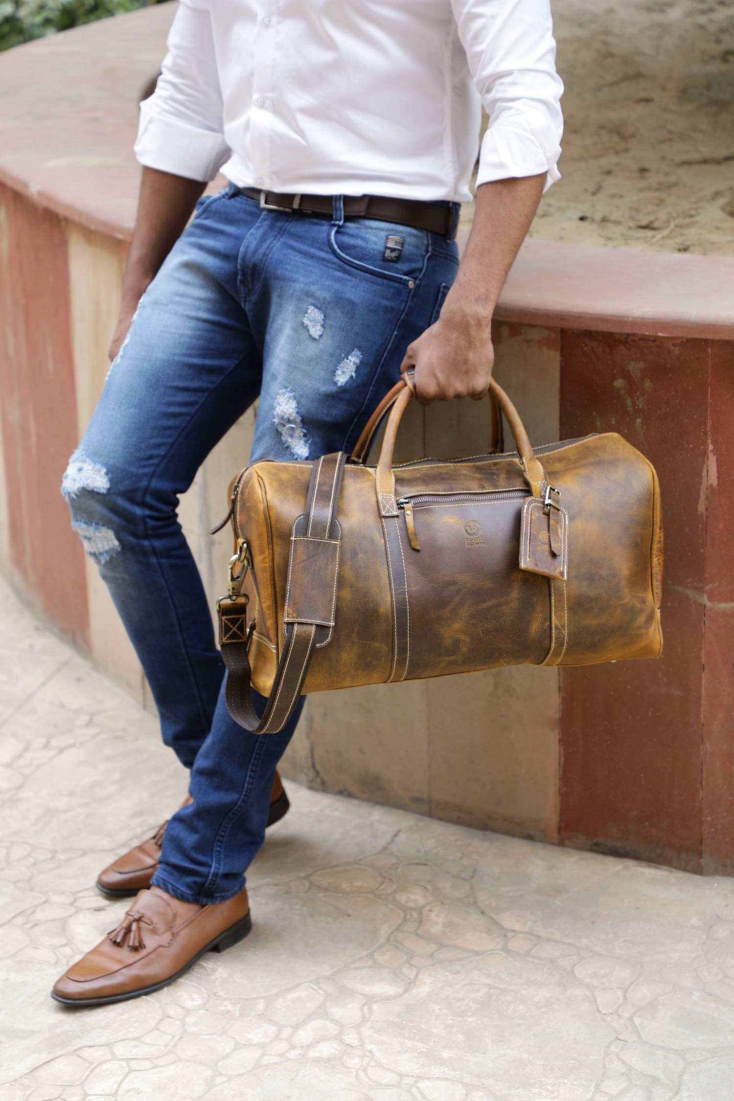 RUSTIC TOWN Genuine Leather Duffel Bag & Toiletry Bag Set - Premium Travel Luggage for Men & Women | Perfect Gift for Business Trips, Weekend Getaways & Gym Essentials