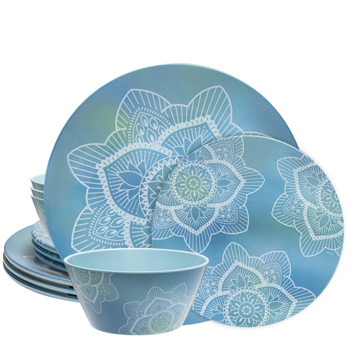 12-Piece La La Mandala Melamine Dinnerware Set - Ombre Blue Plates & Bowls for Outdoor Picnics, Parties, and Durable Everyday Use