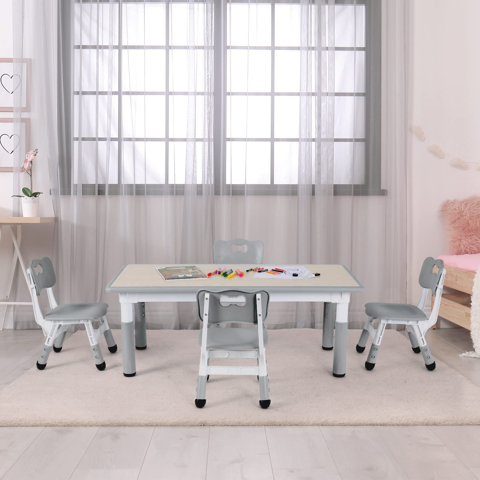 Arlopu Adjustable Height Kids Table and 4 Chair Set - Non-Slip Toddler Activity Table with Graffiti-Proof Desktop - Perfect for Reading, Arts & Crafts, Daycare, Classroom and Home Use (Grey)