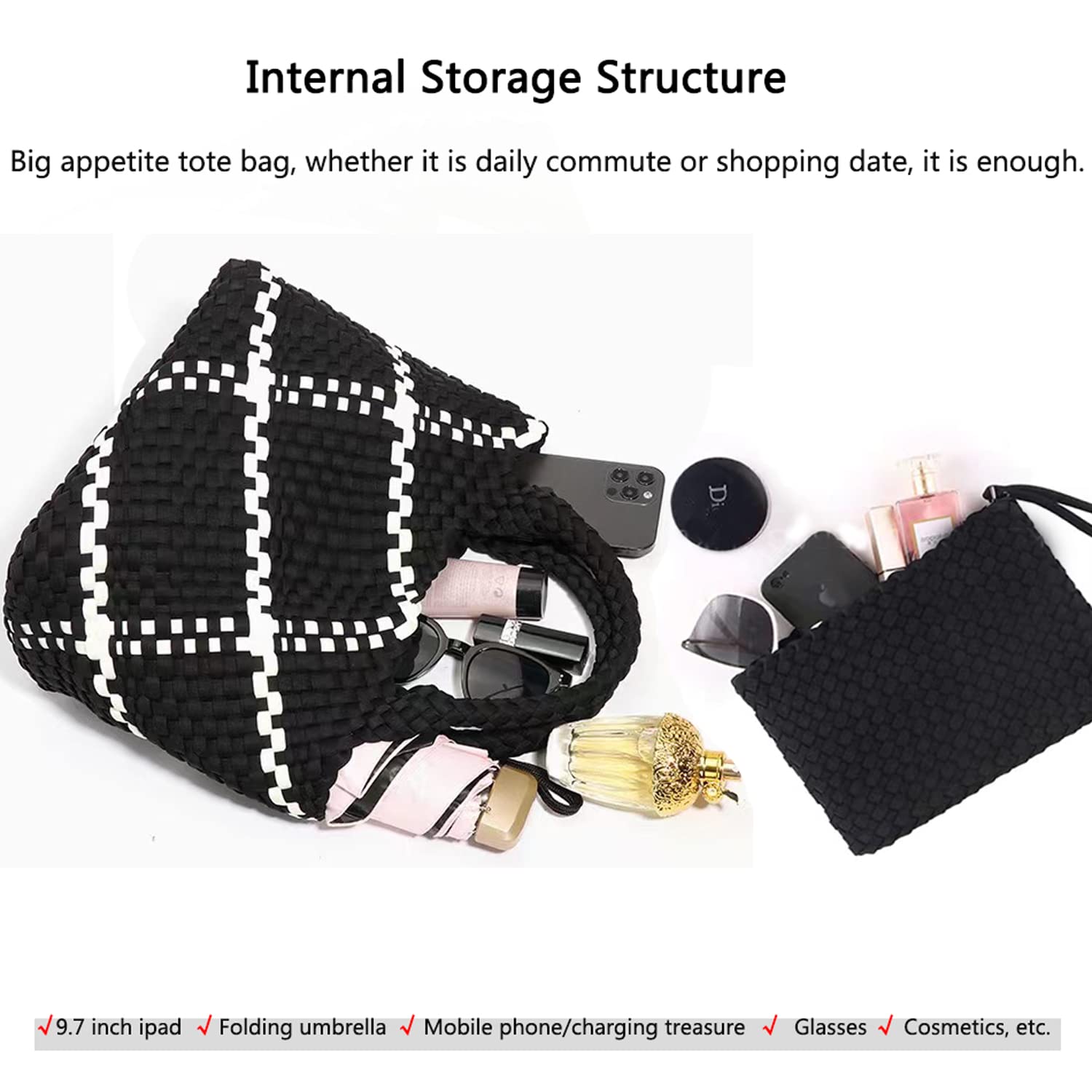 Stylish JINMANXUE Woven Hobo Bag for Women - Neoprene Tote with Large Capacity, Patchwork Design & Handmade Details | Perfect for Work, Travel & Casual Outings